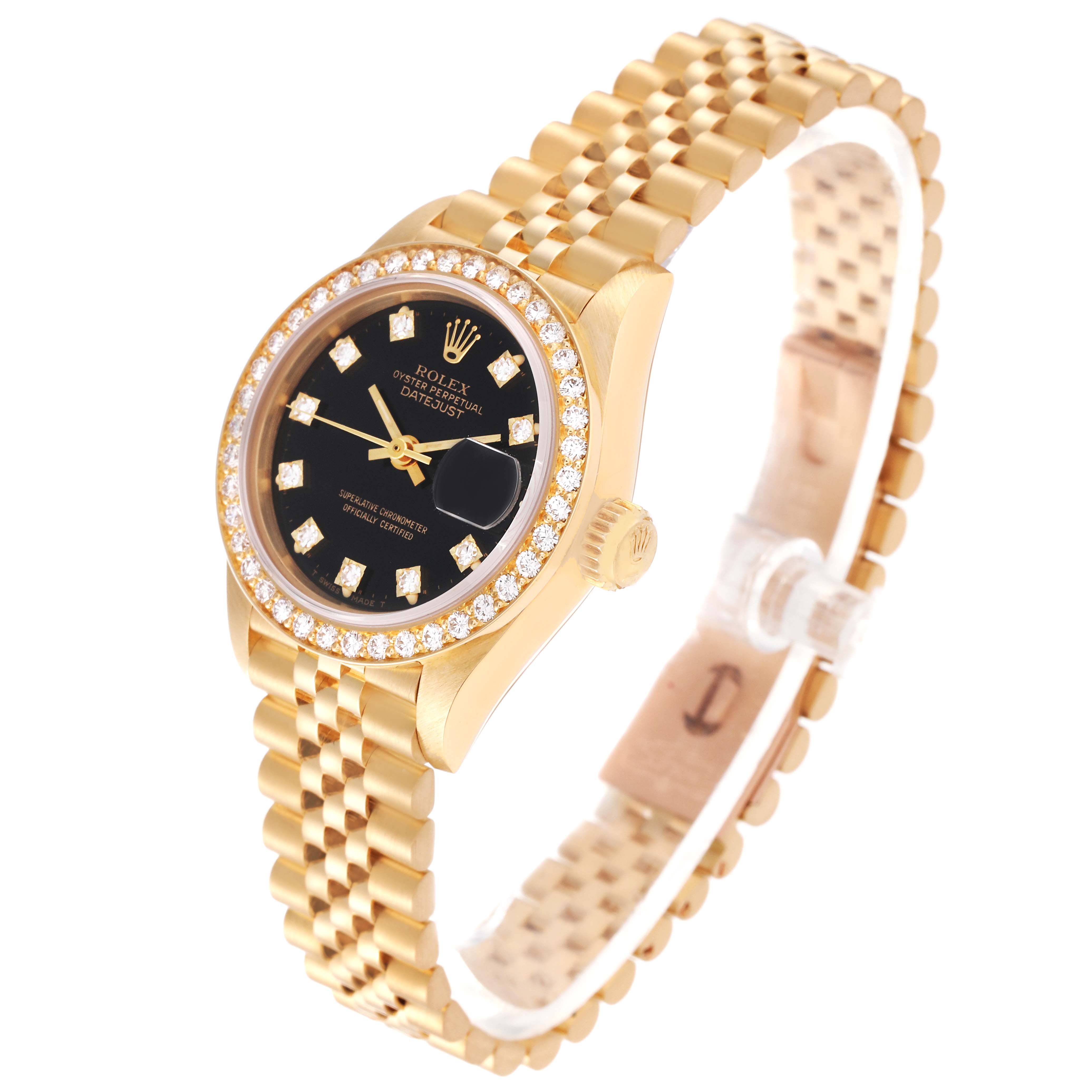 The image shows a Rolex President 69138 Women's Yellow Gold Black Dial 69138 Women's Yellow Gold Black Dial model watch at a three-quarter angle, highlighting the bezel, case, dial, and bracelet.