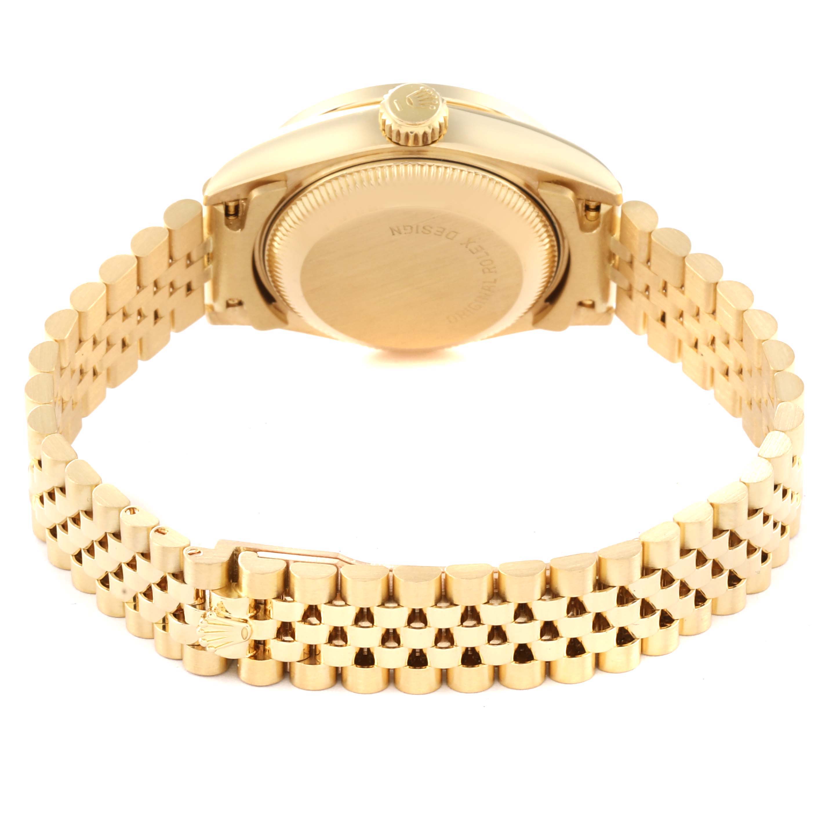 This image shows the back view of a Rolex President 69138 Women's Yellow Gold Black Dial 69138 Women's Yellow Gold Black Dial model watch, highlighting its case back and gold bracelet.