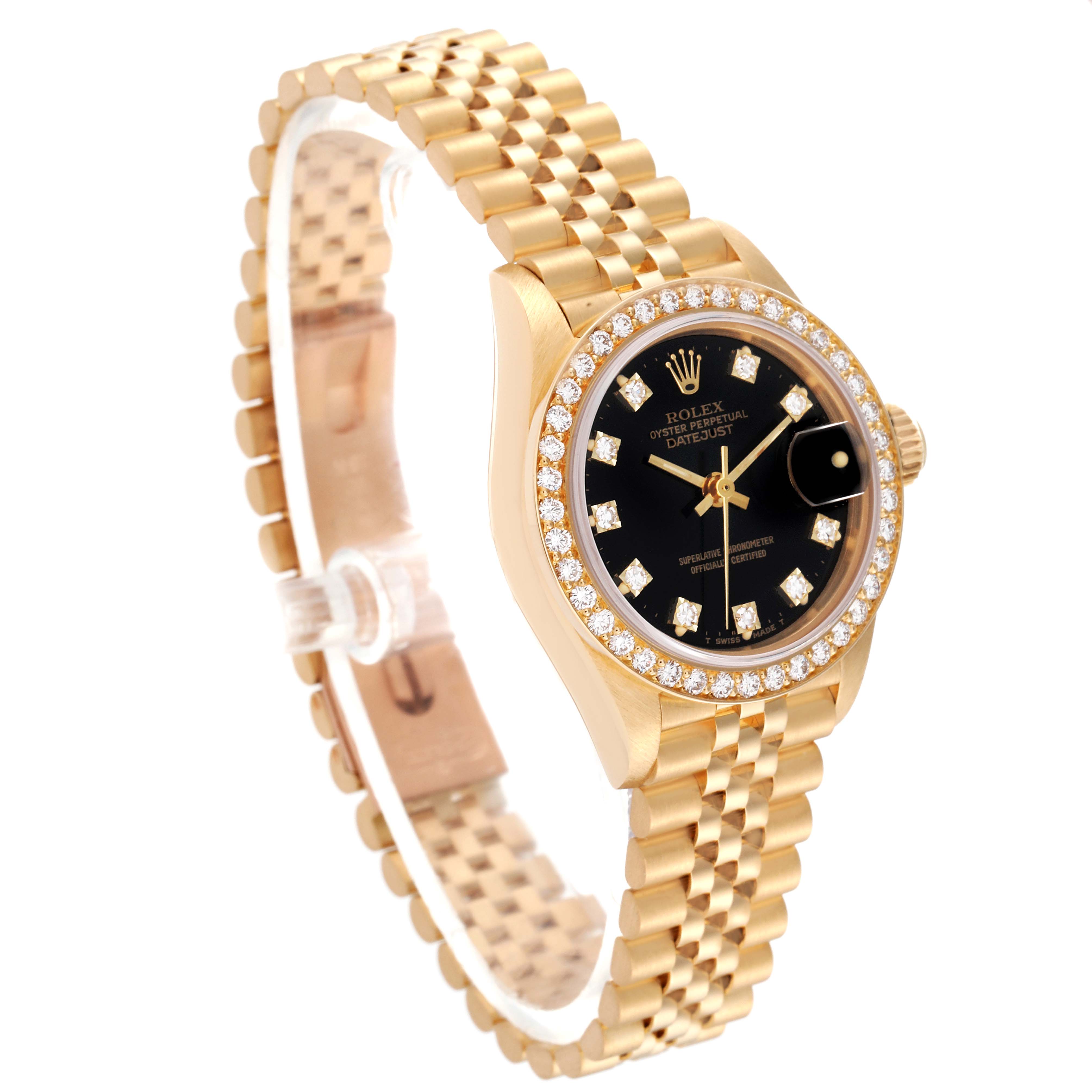 This image shows a side angle of a Rolex President 69138 Women's Yellow Gold Black Dial 69138 Women's Yellow Gold Black Dial model, featuring its gold bracelet, black dial, and diamond-encrusted bezel.
