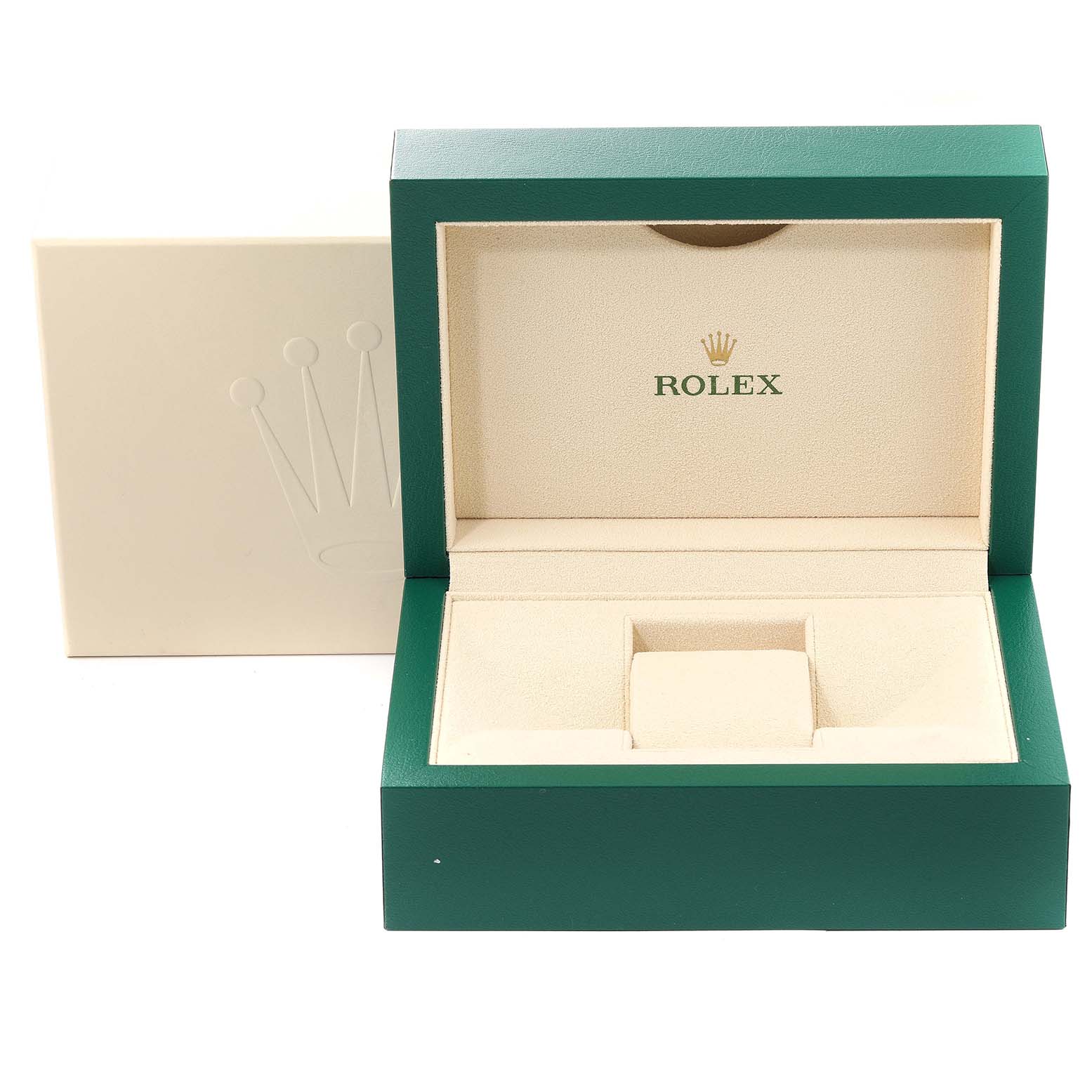 The image shows an open Rolex Datejust 116234 Men's Stainless Steel Black Dial 116234 Men's Stainless Steel Black Dial watch box with green and beige interior colors.
