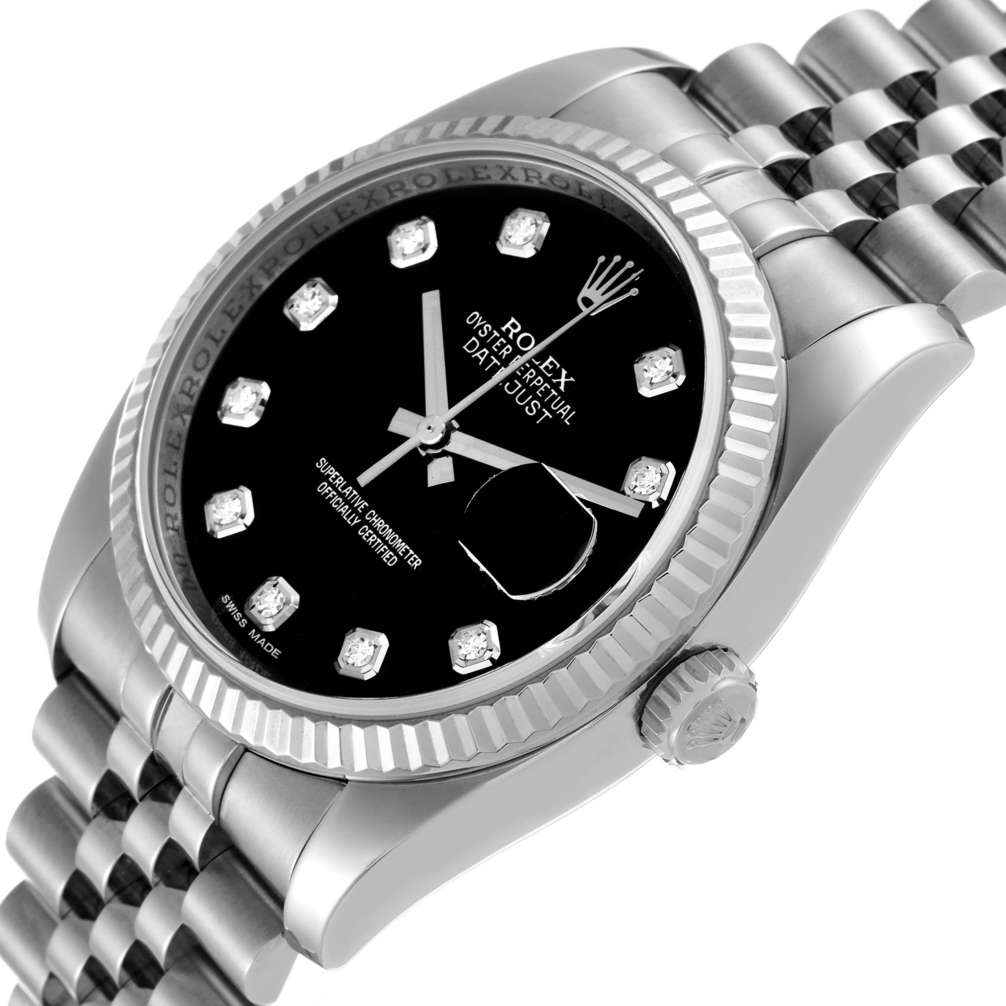 This image shows a close-up angle of a Rolex Datejust 116234 Men's Stainless Steel Black Dial 116234 Men's Stainless Steel Black Dial watch, highlighting the dial, bezel, crown, and part of the bracelet.