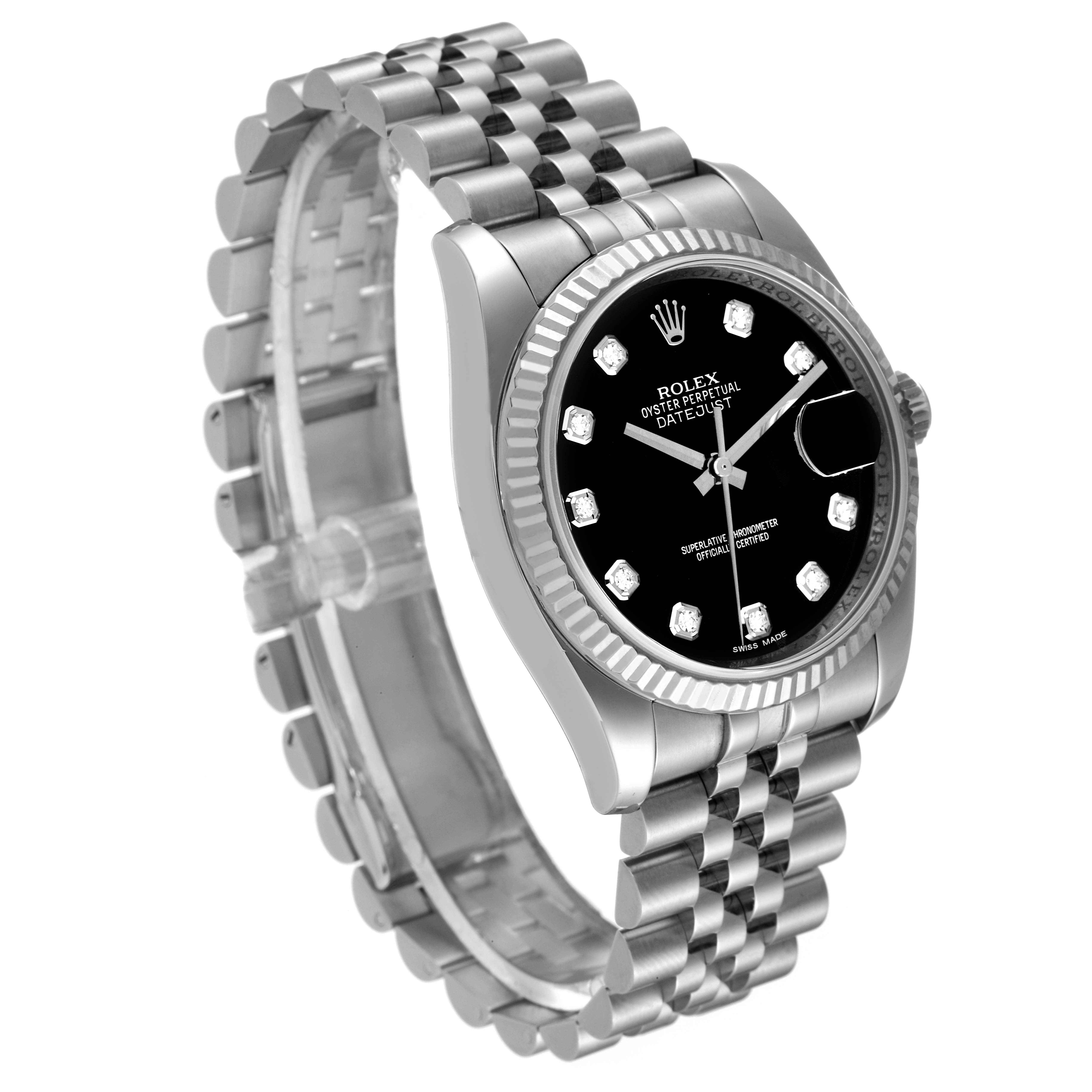The image shows a side angle of a Rolex Datejust 116234 Men's Stainless Steel Black Dial 116234 Men's Stainless Steel Black Dial watch, highlighting its black dial, fluted bezel, and Jubilee bracelet.