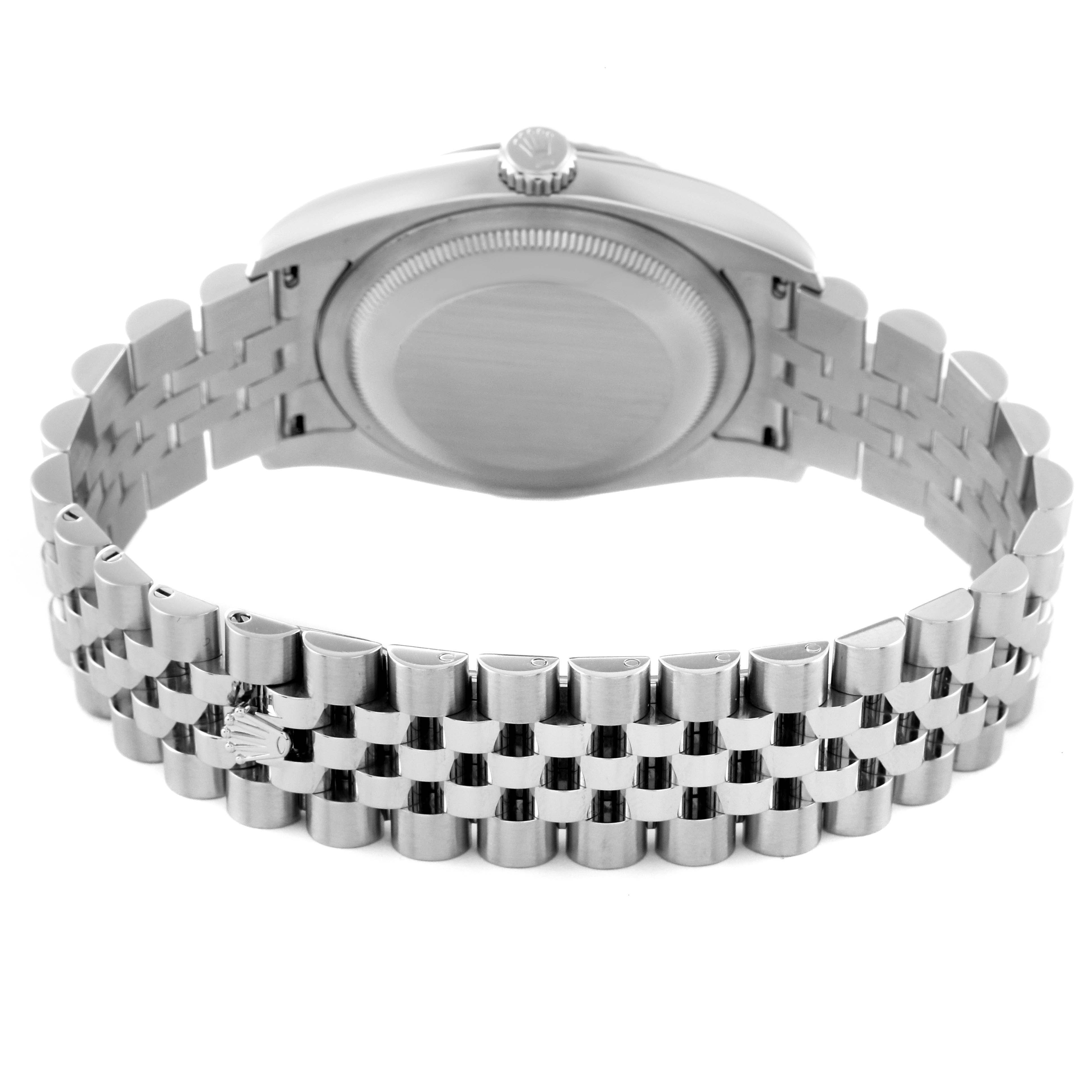 The image shows the back view of the Rolex Datejust 116234 Men's Stainless Steel Black Dial 116234 Men's Stainless Steel Black Dial watch, including the case back and the Jubilee bracelet.