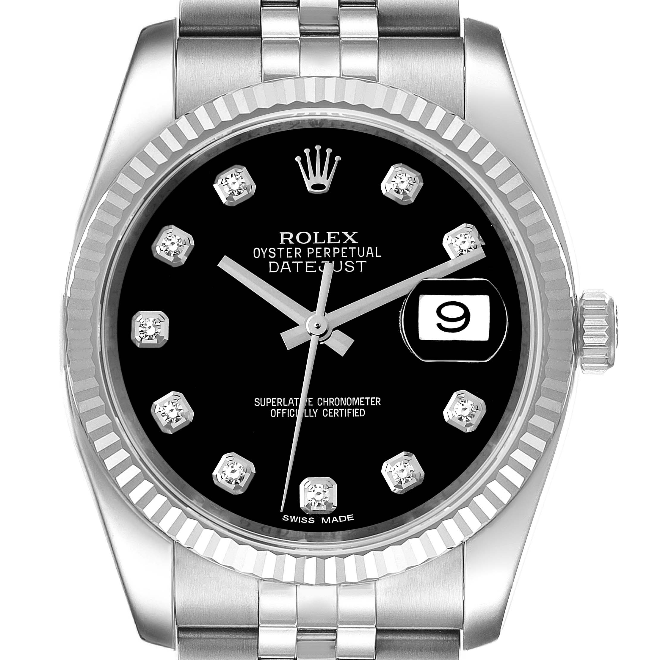 The image shows a front view of the Rolex Datejust 116234 Men's Stainless Steel Black Dial 116234 Men's Stainless Steel Black Dial watch, highlighting its black dial, date window, and diamond hour markers.
