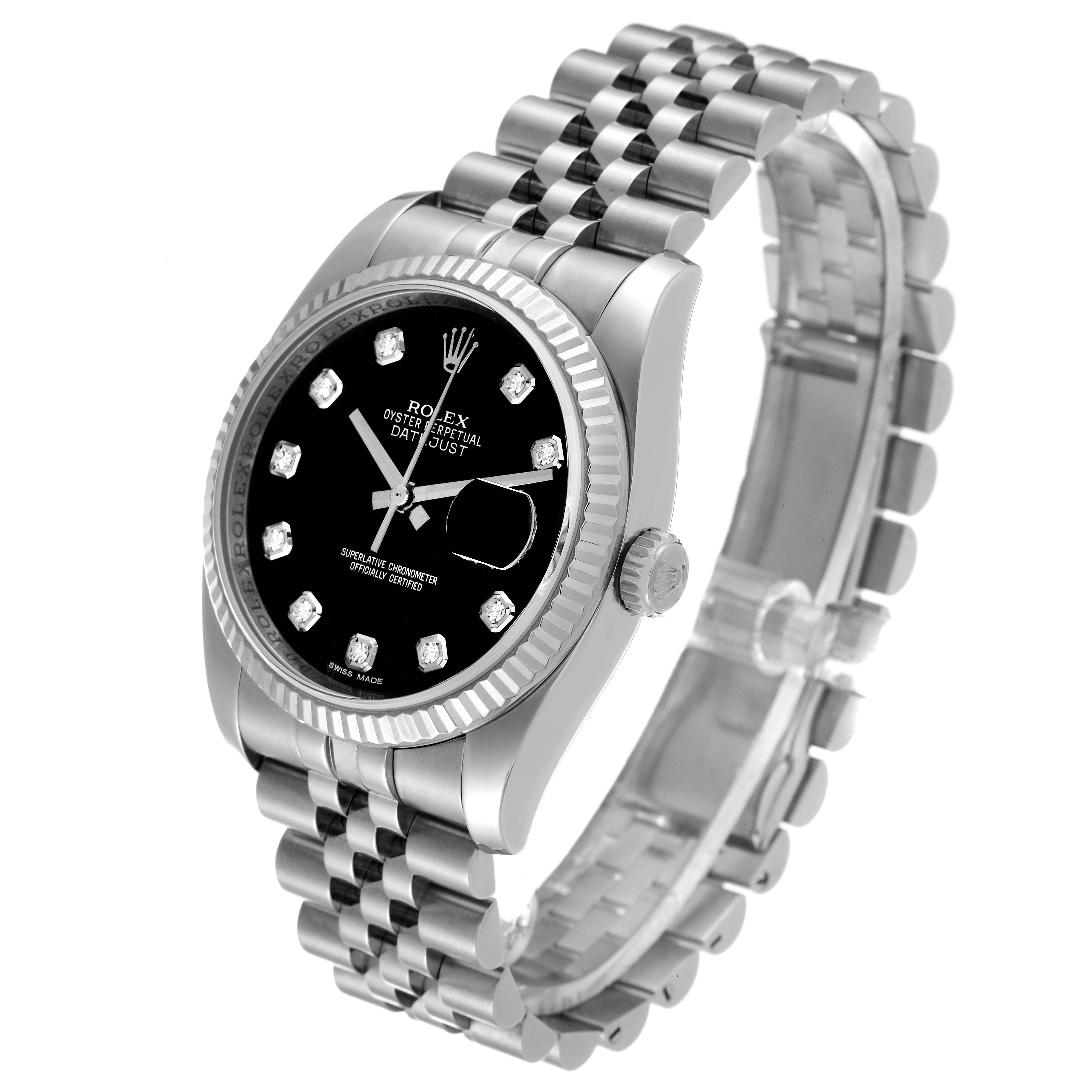 The Rolex Datejust 116234 Men's Stainless Steel Black Dial 116234 Men's Stainless Steel Black Dial watch is shown at a slight angle, displaying the face, crown, and bracelet with a Jubilee strap.