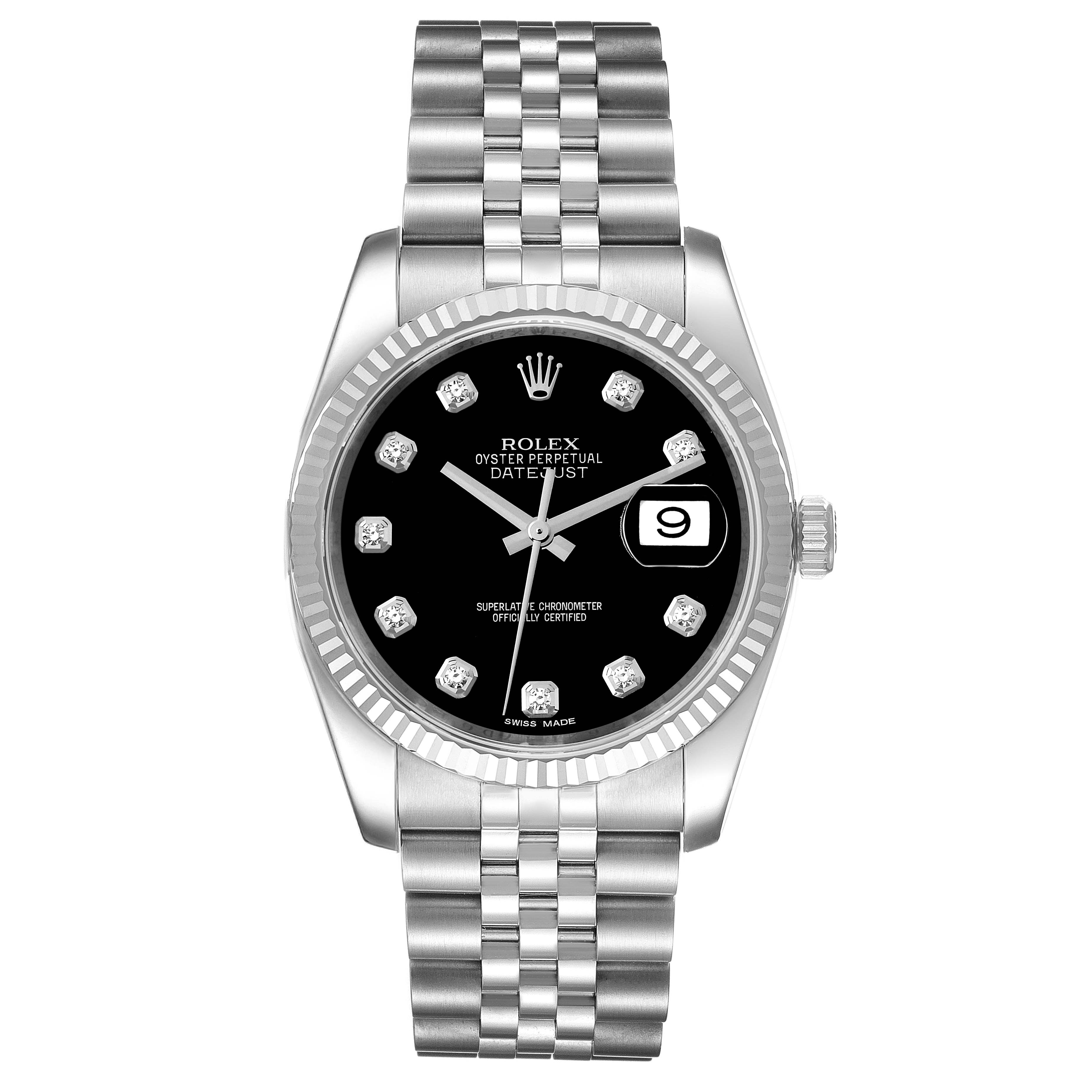The Rolex Datejust 116234 Men's Stainless Steel Black Dial 116234 Men's Stainless Steel Black Dial watch is shown from the front, displaying the face, bezel, crown, and metal bracelet.