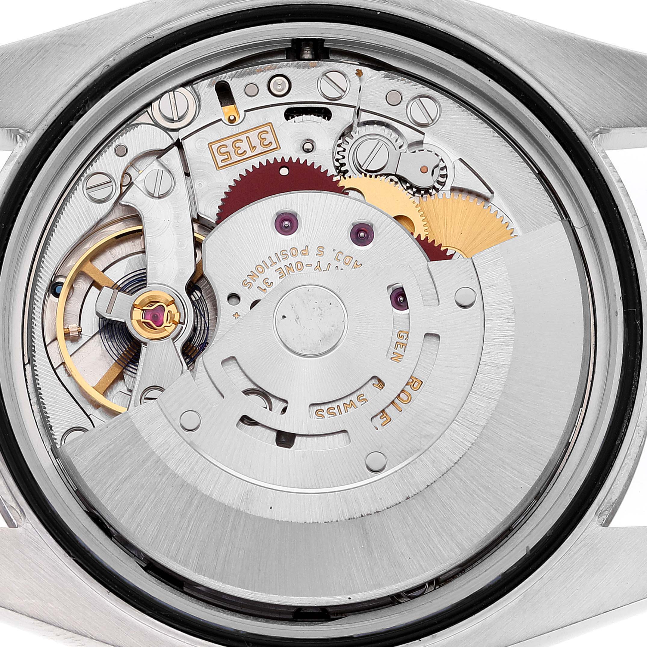 The image shows the internal mechanism of a Rolex Datejust 116234 Men's Stainless Steel Black Dial 116234 Men's Stainless Steel Black Dial watch viewed from the back.