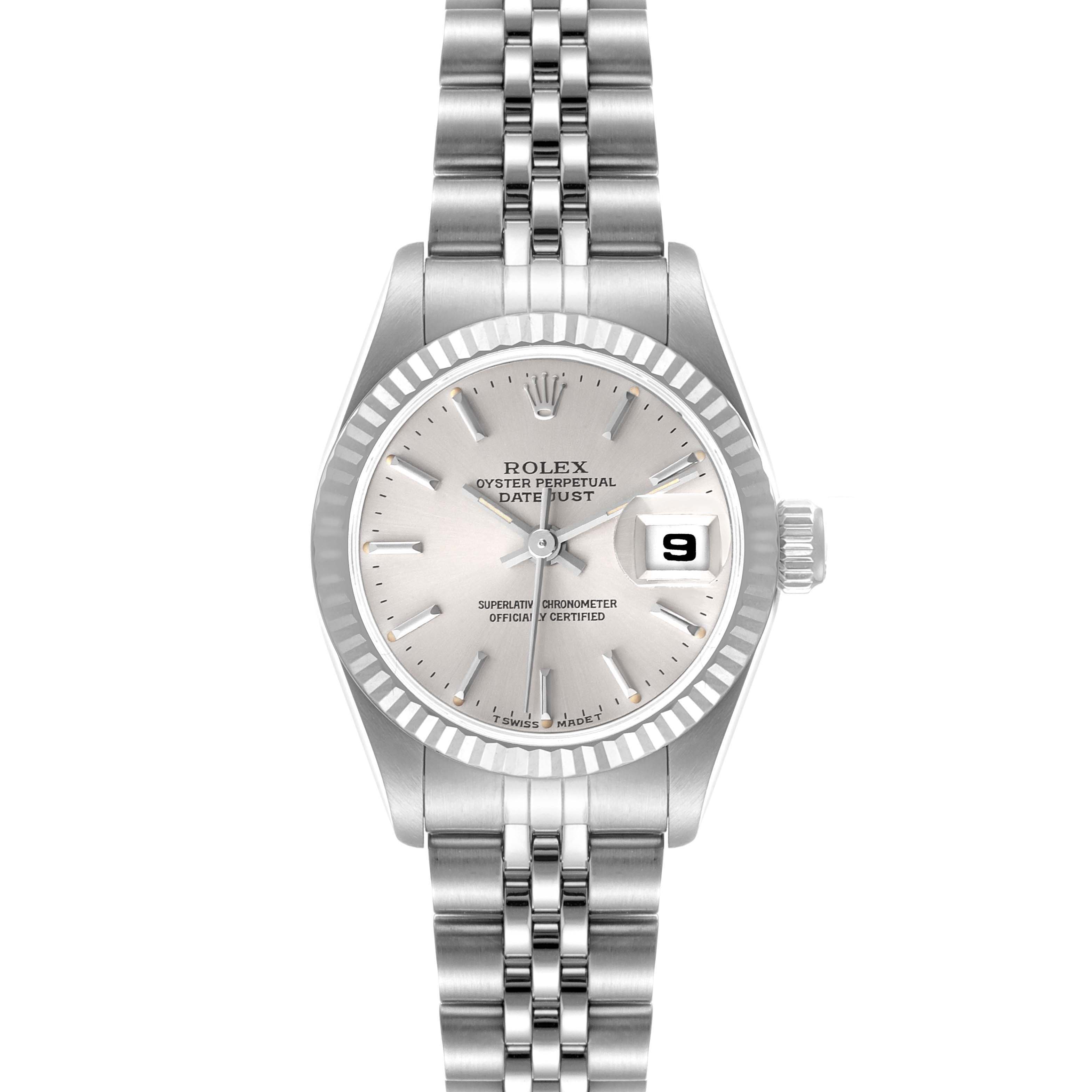 This image shows a front view of a Rolex Datejust 69174 Women
s Stainless Steel Silver Dial 69174 Women
s Stainless Steel Silver Dial watch, displaying its face, bracelet, and date window.
