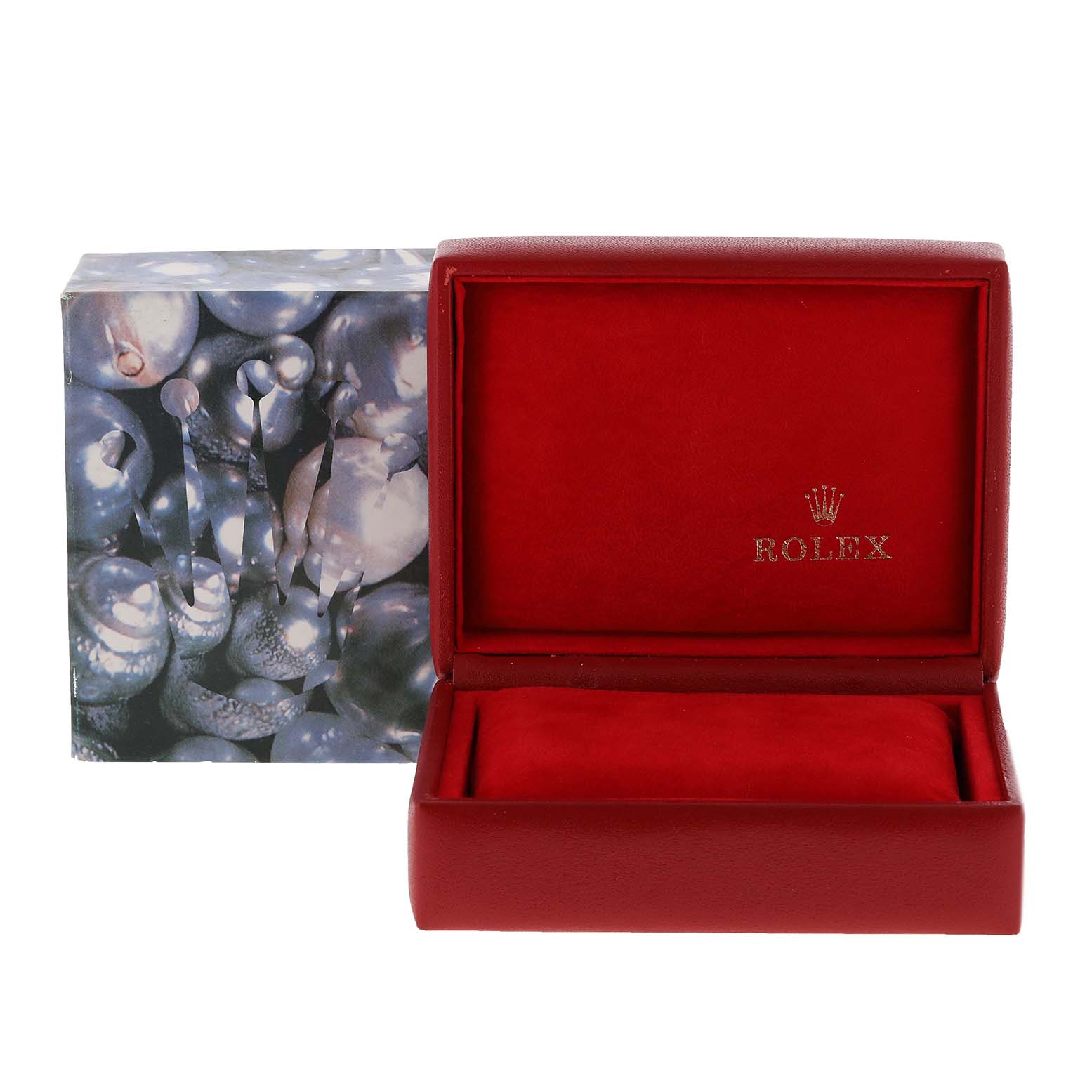 The image shows an open Rolex Datejust 69174 Women
s Stainless Steel Silver Dial 69174 Women
s Stainless Steel Silver Dial watch box with red interior and branding, alongside its decorative outer box.