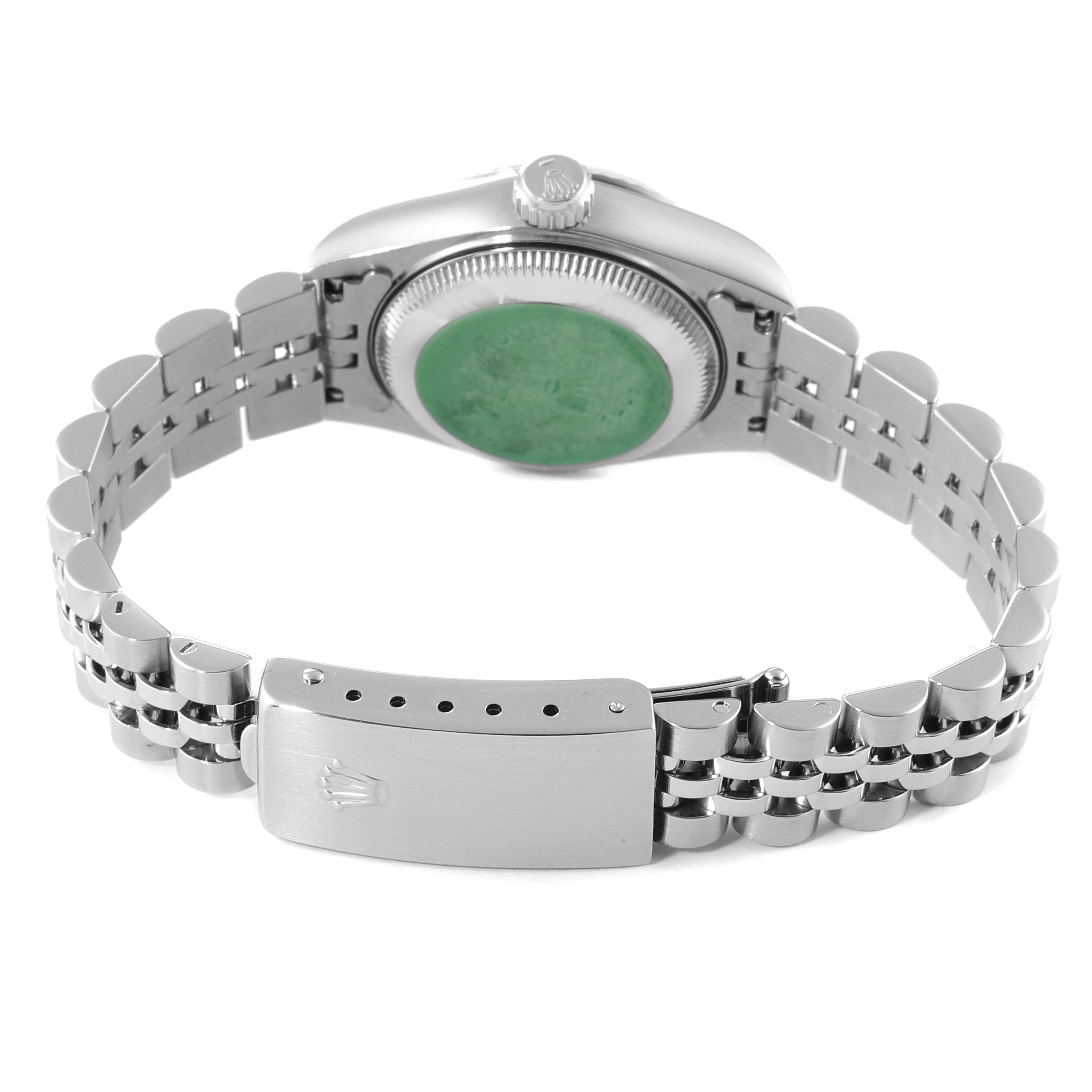 This is a rear view of the Rolex Datejust 69174 Women
s Stainless Steel Silver Dial 69174 Women
s Stainless Steel Silver Dial watch displaying its case back and Jubilee bracelet with clasp.