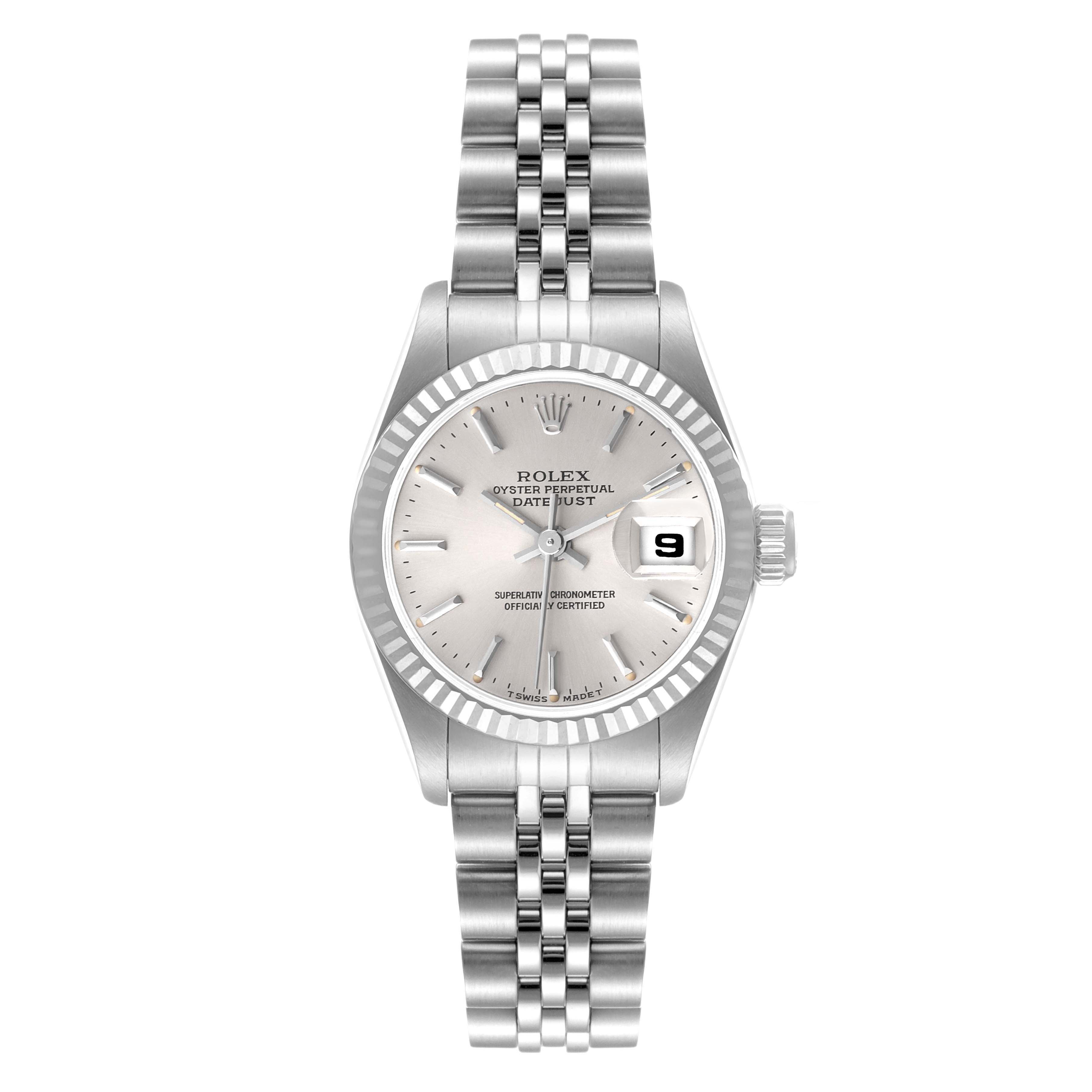 This is a front view of a Rolex Datejust 69174 Women
s Stainless Steel Silver Dial 69174 Women
s Stainless Steel Silver Dial watch, showing the bracelet, dial, bezel, and date window.
