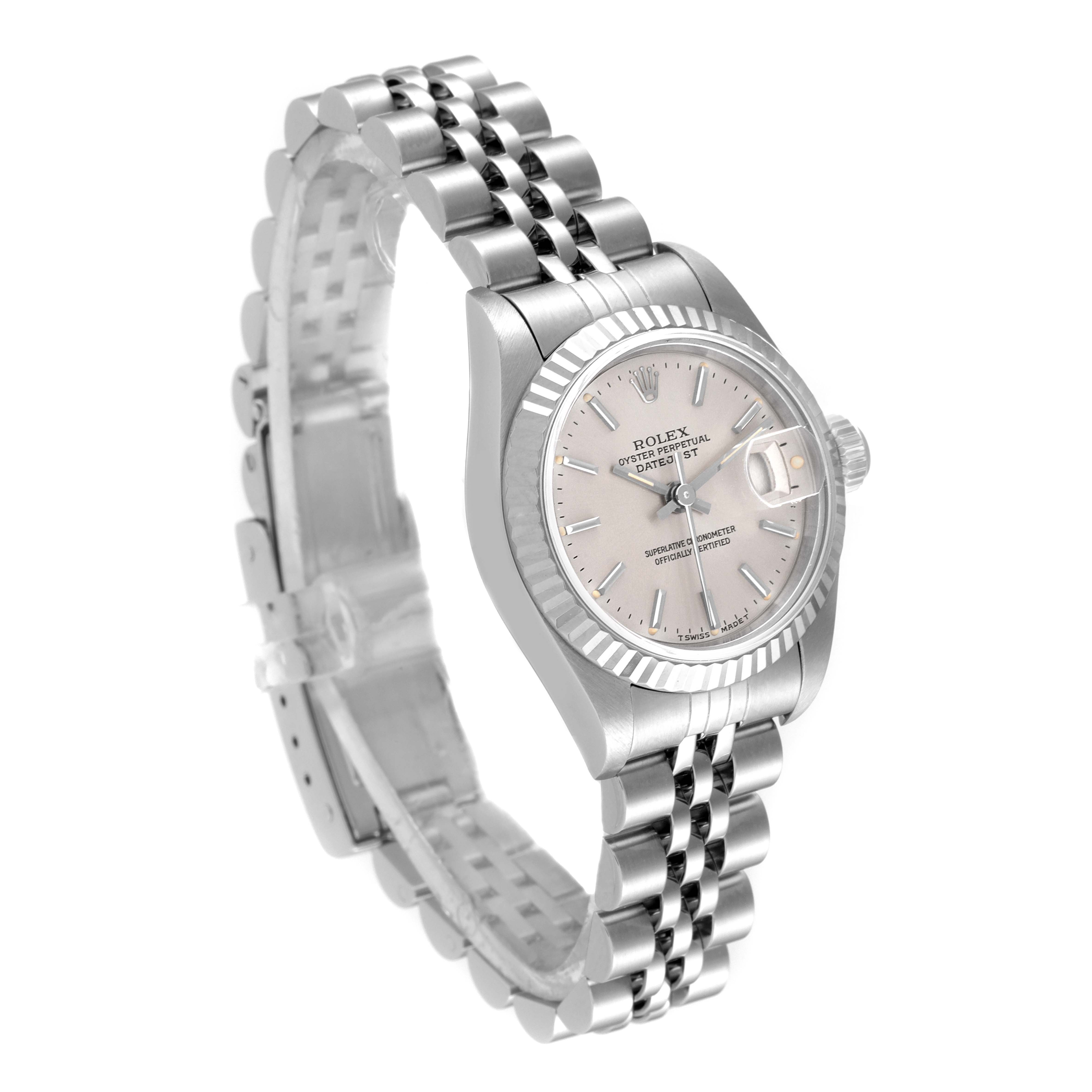 This image shows a Rolex Datejust 69174 Women
s Stainless Steel Silver Dial 69174 Women
s Stainless Steel Silver Dial watch at a slight angle, highlighting the face, bracelet, and clasp.