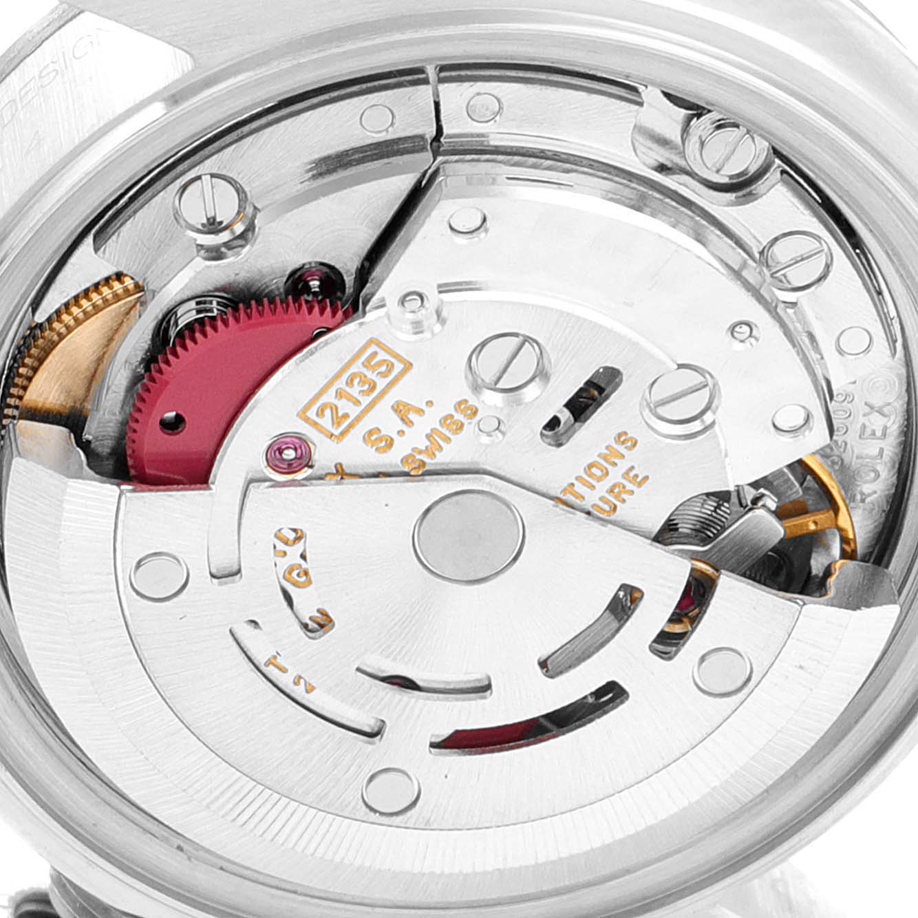 The image shows the internal mechanism of a Rolex Datejust 69174 Women
s Stainless Steel Silver Dial 69174 Women
s Stainless Steel Silver Dial watch, focusing on the movement components.