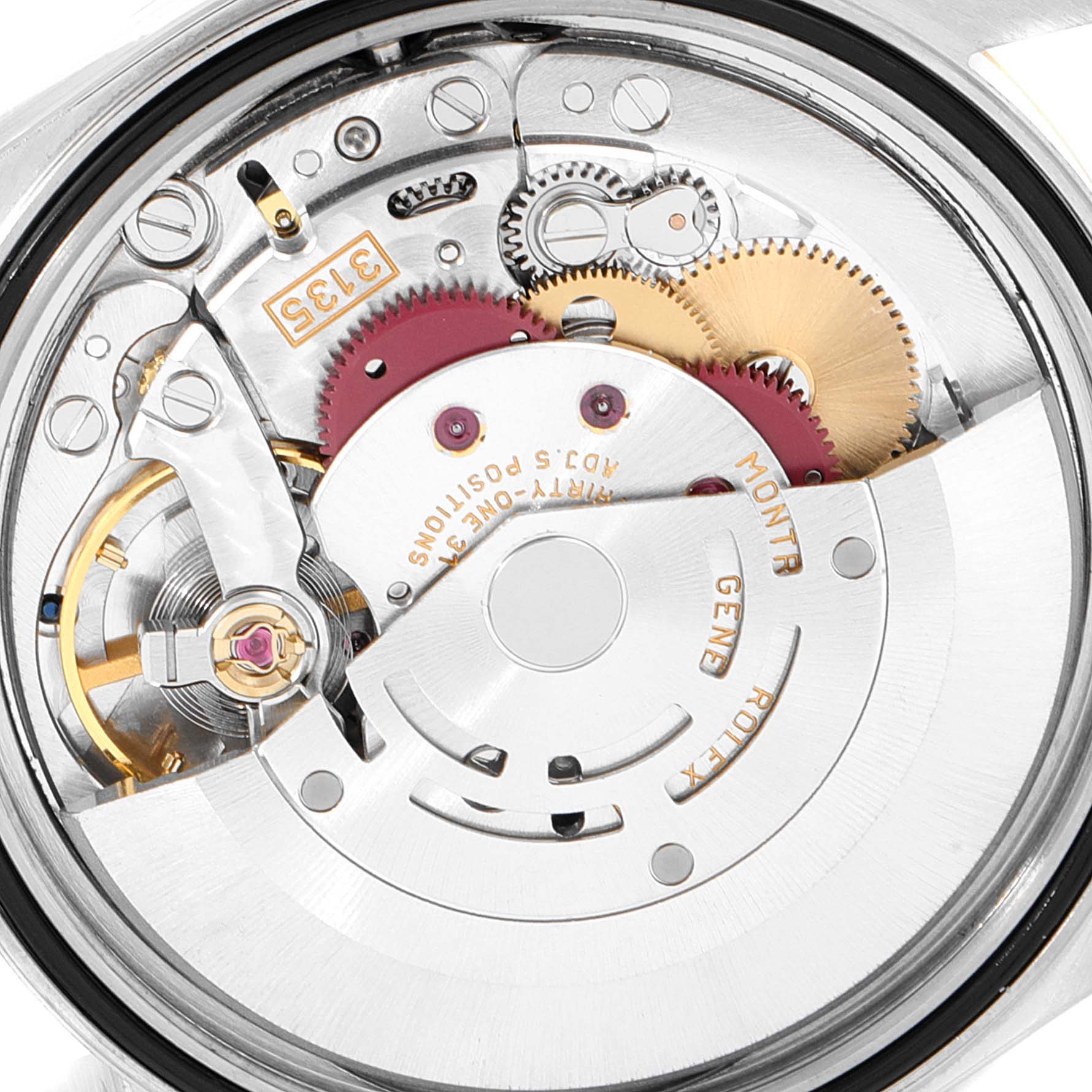 The image shows a close-up view of the internal mechanics of a Rolex Datejust 16233 Men's Steel and Gold (two tone) Champagne Dial 16233 Men's Steel and Gold (two tone) Champagne Dial watch.
