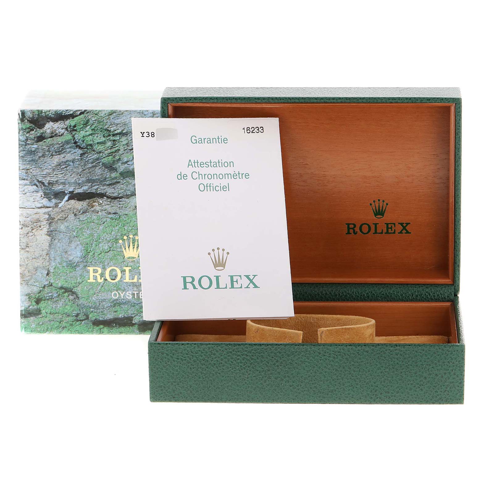 The image shows an open Rolex Datejust 16233 Men's Steel and Gold (two tone) Champagne Dial 16233 Men's Steel and Gold (two tone) Champagne Dial box with a warranty card and watch holder inside.