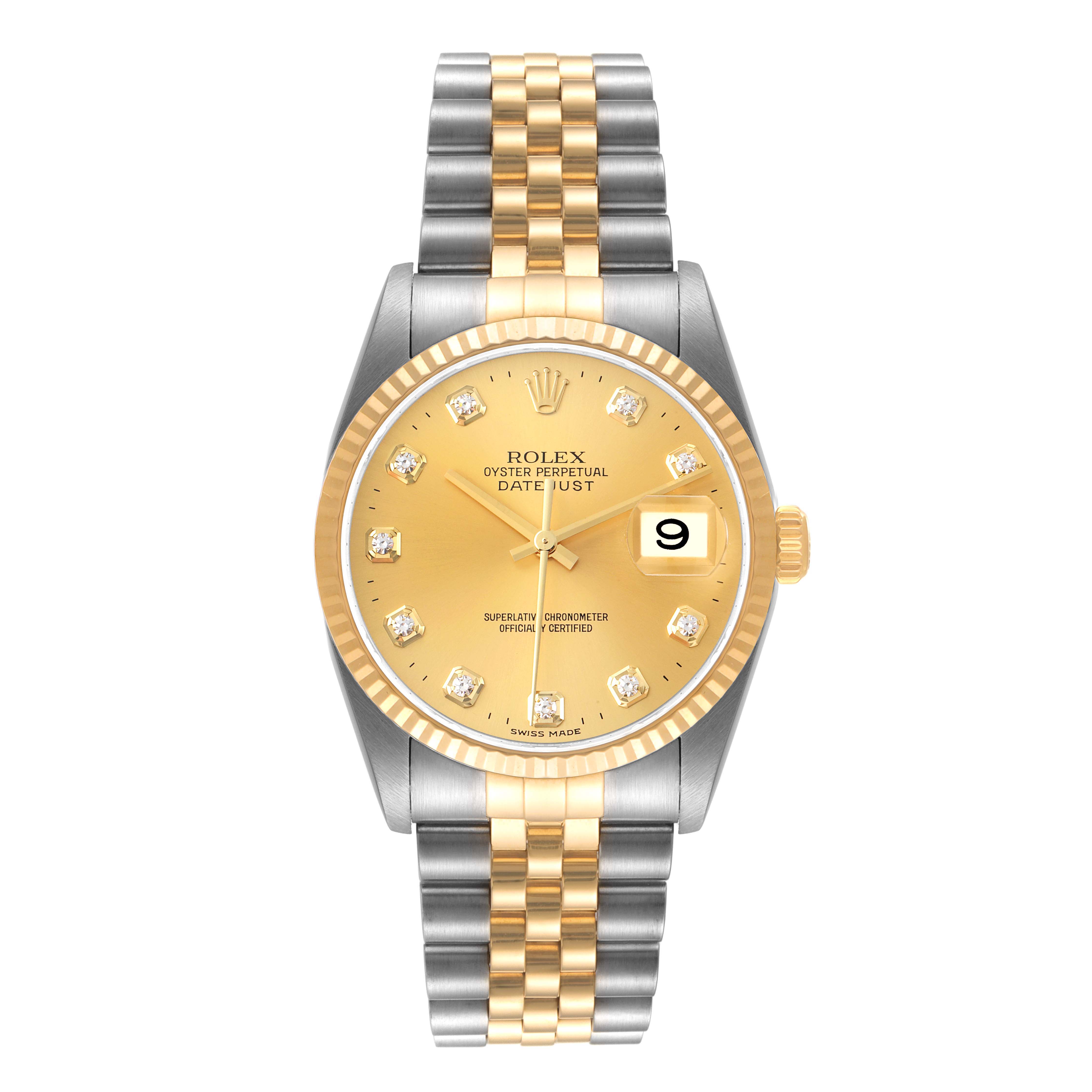 The image shows a frontal view of a Rolex Datejust 16233 Men's Steel and Gold (two tone) Champagne Dial 16233 Men's Steel and Gold (two tone) Champagne Dial watch including the dial, bezel, and two-tone bracelet.