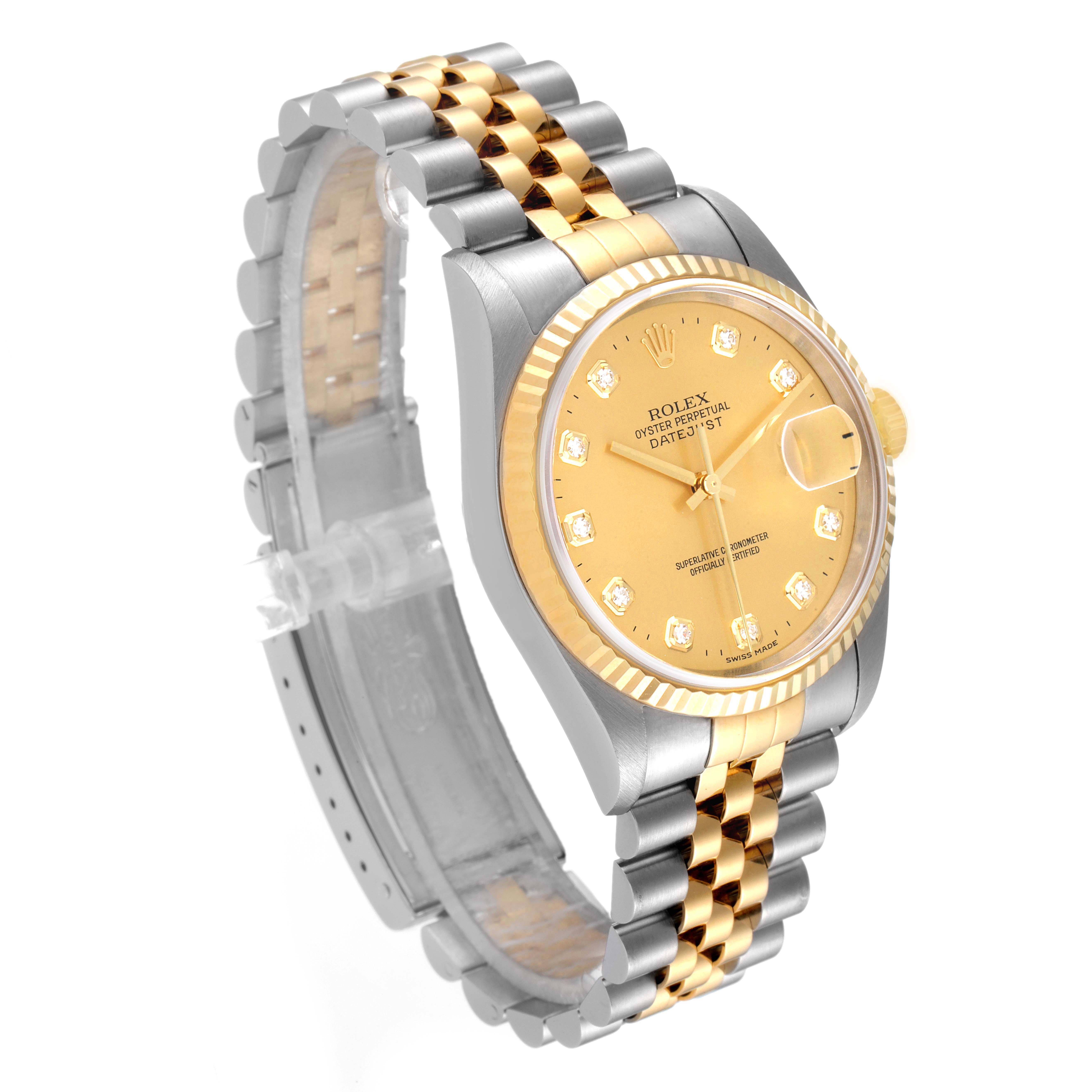 The image shows a Rolex Datejust 16233 Men's Steel and Gold (two tone) Champagne Dial 16233 Men's Steel and Gold (two tone) Champagne Dial watch from a side angle, featuring its dial, bracelet, bezel, and crown.