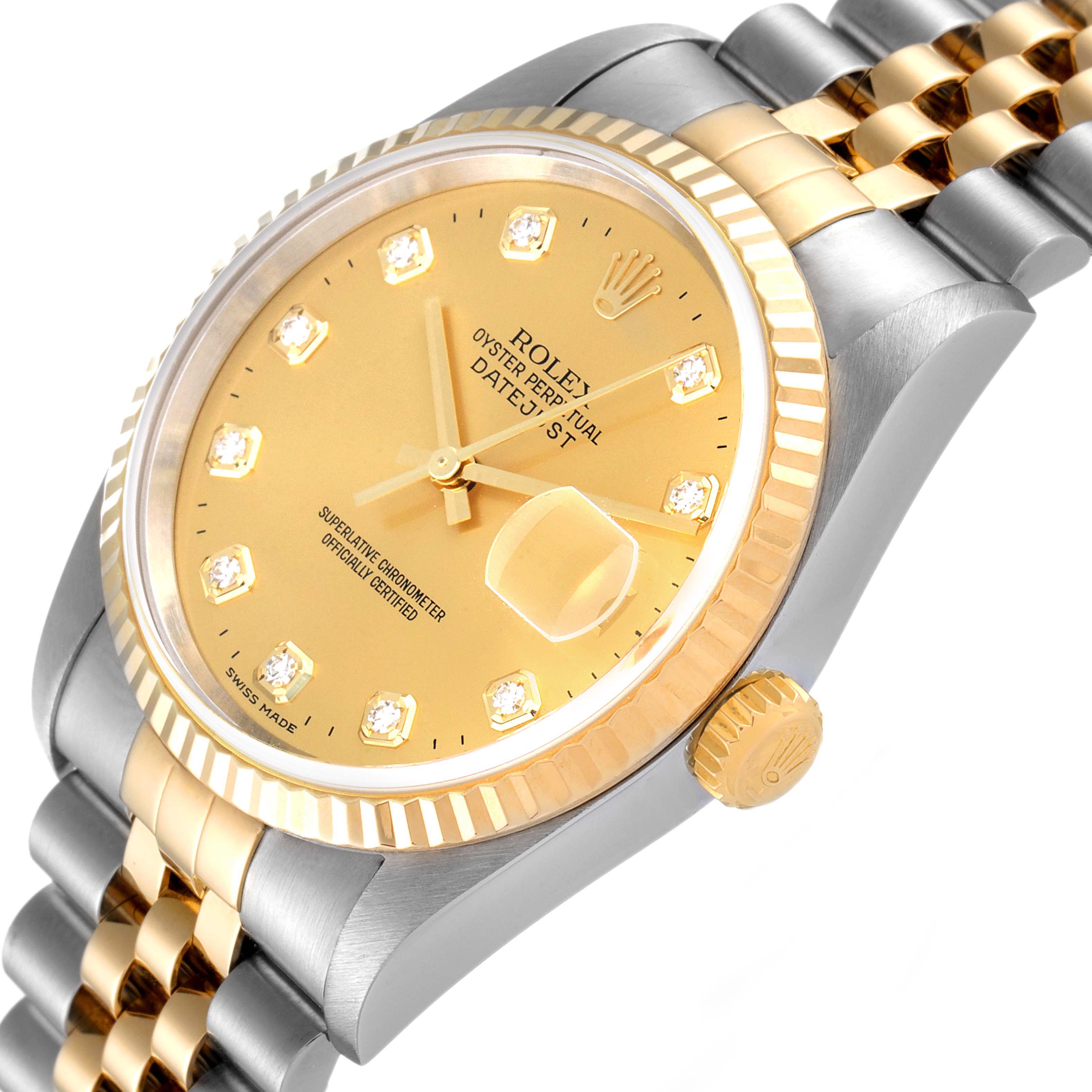 The image shows a close-up angle of the Rolex Datejust 16233 Men's Steel and Gold (two tone) Champagne Dial 16233 Men's Steel and Gold (two tone) Champagne Dial model, highlighting the face, bezel, crown, and part of the bracelet.