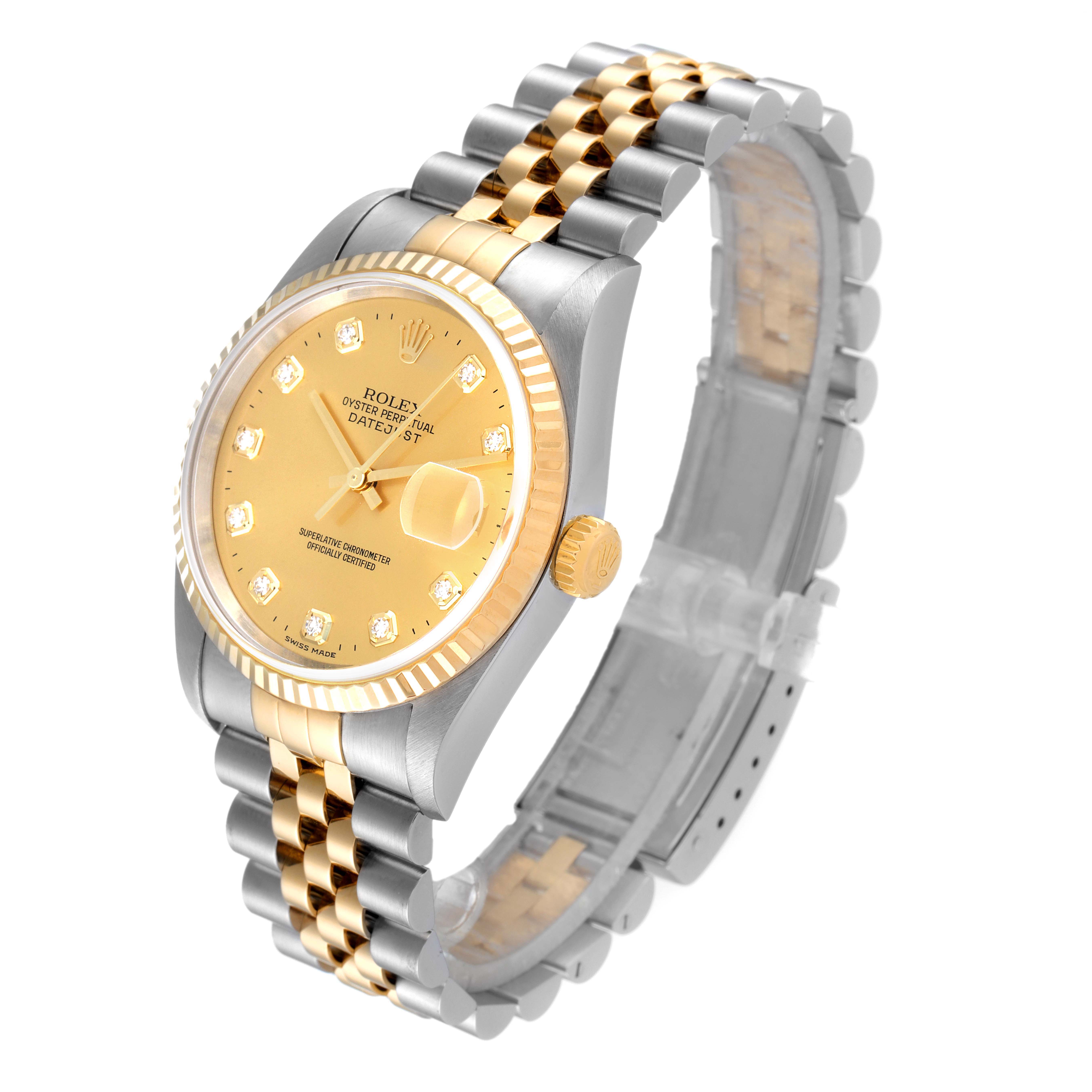 The image shows an angled view of a Rolex Datejust 16233 Men's Steel and Gold (two tone) Champagne Dial 16233 Men's Steel and Gold (two tone) Champagne Dial watch, highlighting its face, bezel, crown, and bracelet.