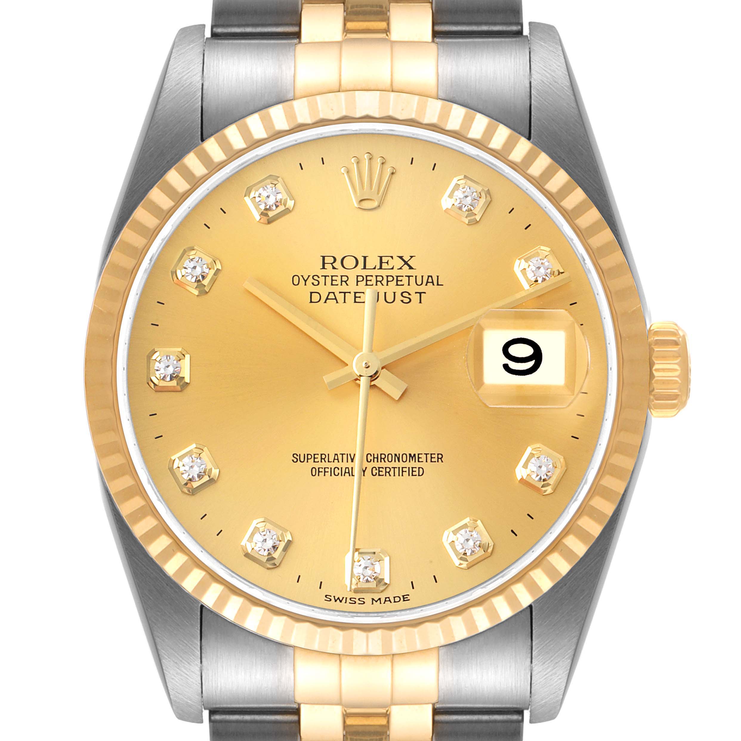 The image shows a front view of the Rolex Datejust 16233 Men's Steel and Gold (two tone) Champagne Dial 16233 Men's Steel and Gold (two tone) Champagne Dial watch, highlighting the dial, fluted bezel, hands, date display, and part of the bracelet.