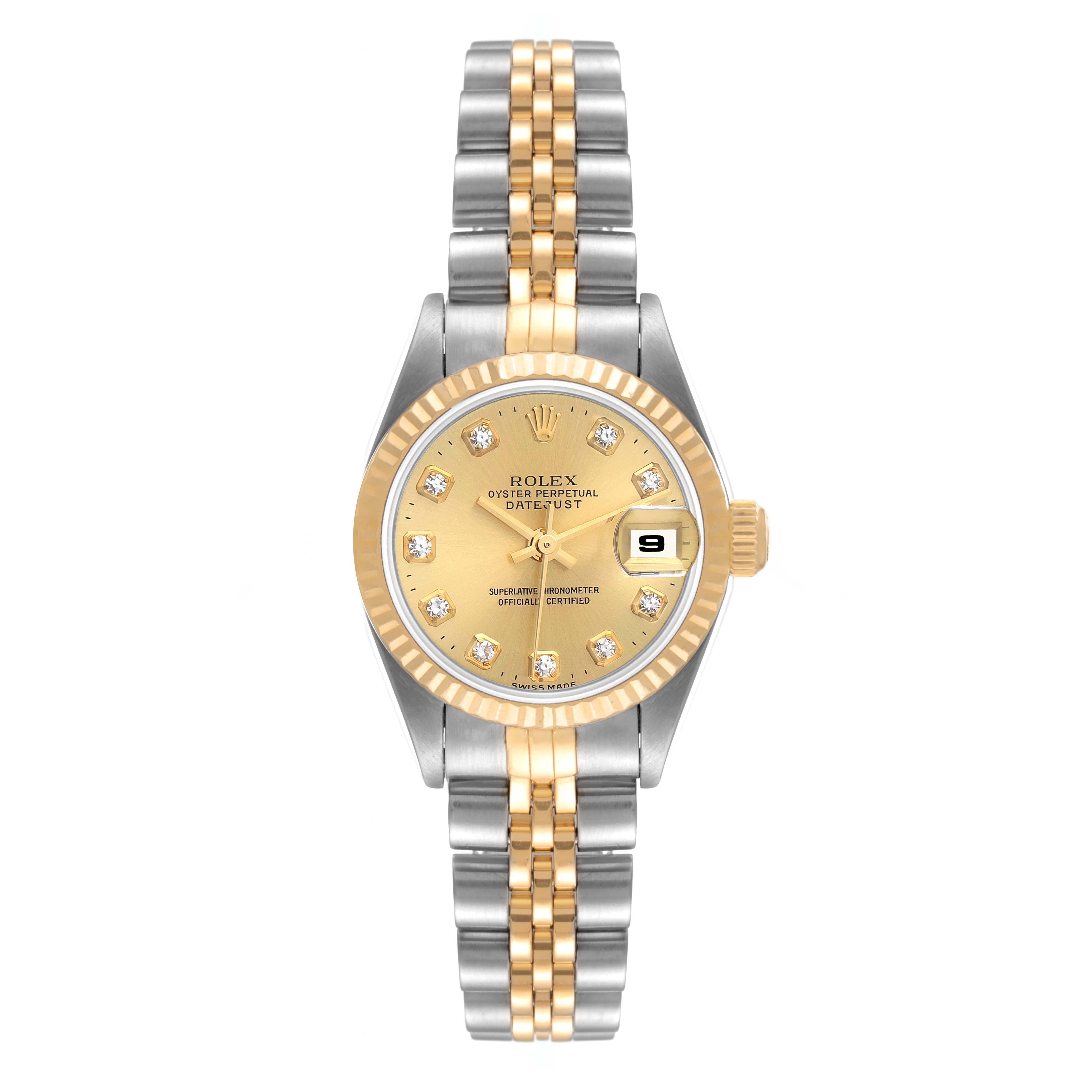 The image depicts a frontal view of a Rolex Datejust 79173 Women
s Steel and Gold (two tone) Champagne Dial 79173 Women
s Steel and Gold (two tone) Champagne Dial watch, showcasing its two-tone bracelet, fluted bezel, and date function.