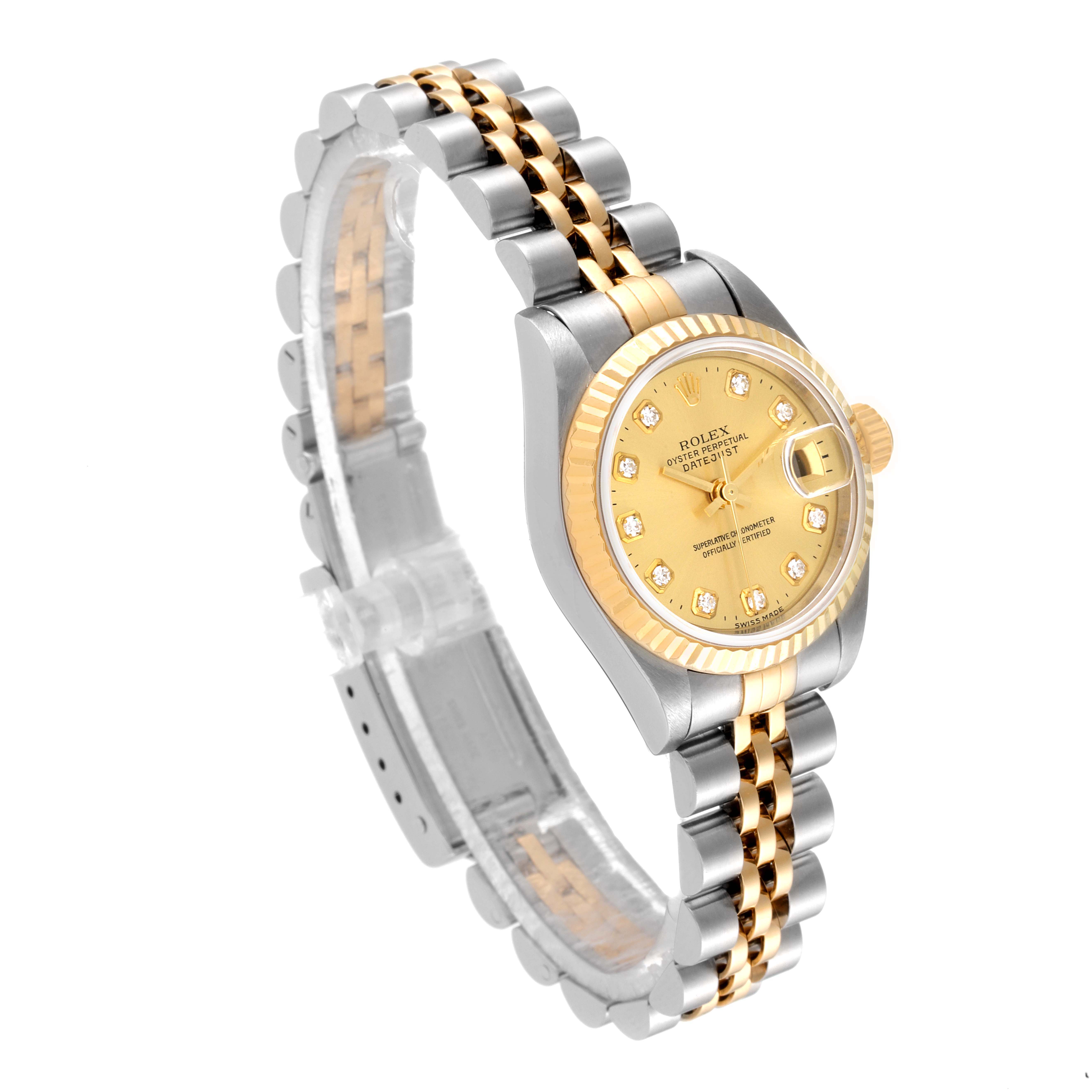 The image shows the Rolex Datejust 79173 Women
s Steel and Gold (two tone) Champagne Dial 79173 Women
s Steel and Gold (two tone) Champagne Dial watch with a two-tone bracelet, gold dial, and diamond hour markers from an angled side view.