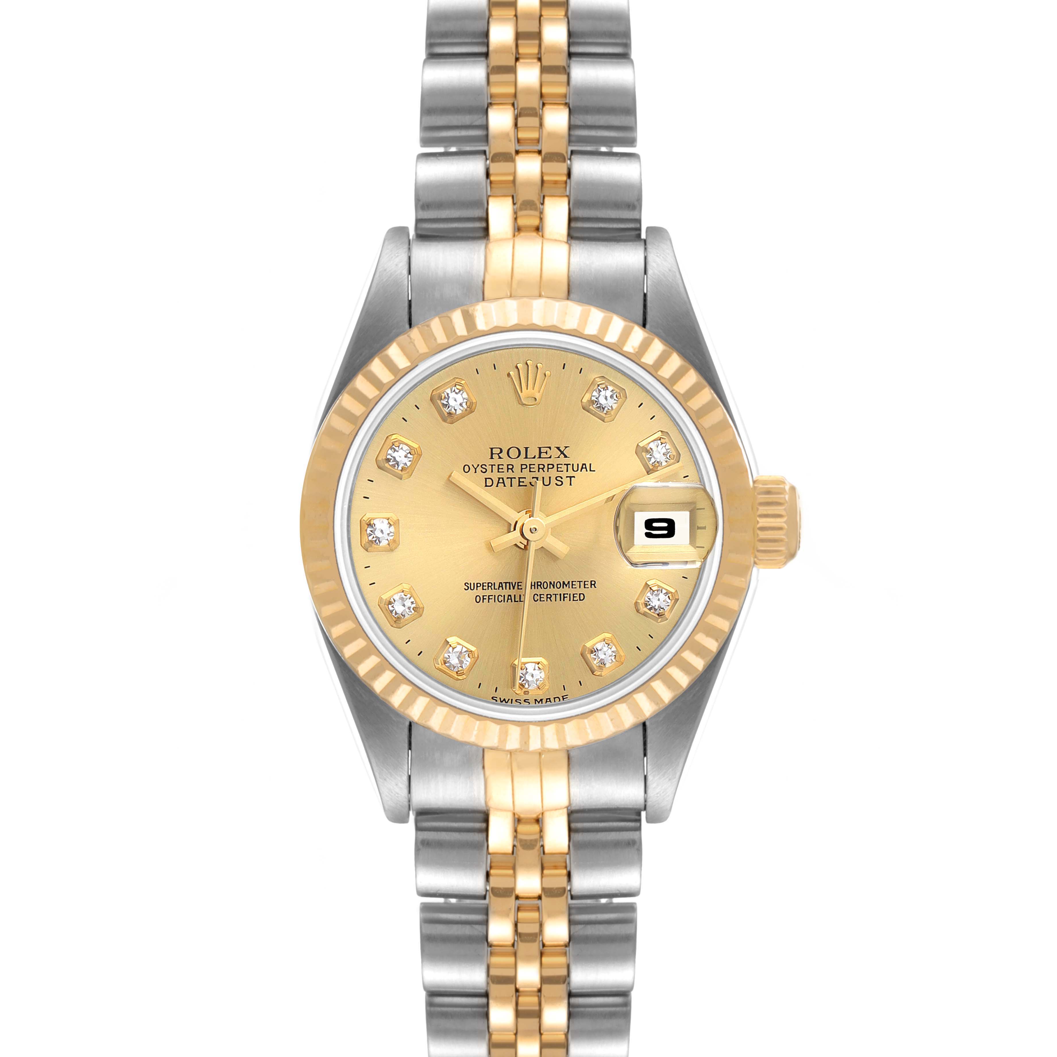 This image shows a frontal view of the Rolex Datejust 79173 Women
s Steel and Gold (two tone) Champagne Dial 79173 Women
s Steel and Gold (two tone) Champagne Dial watch, highlighting the dial, bezel, and two-tone bracelet.
