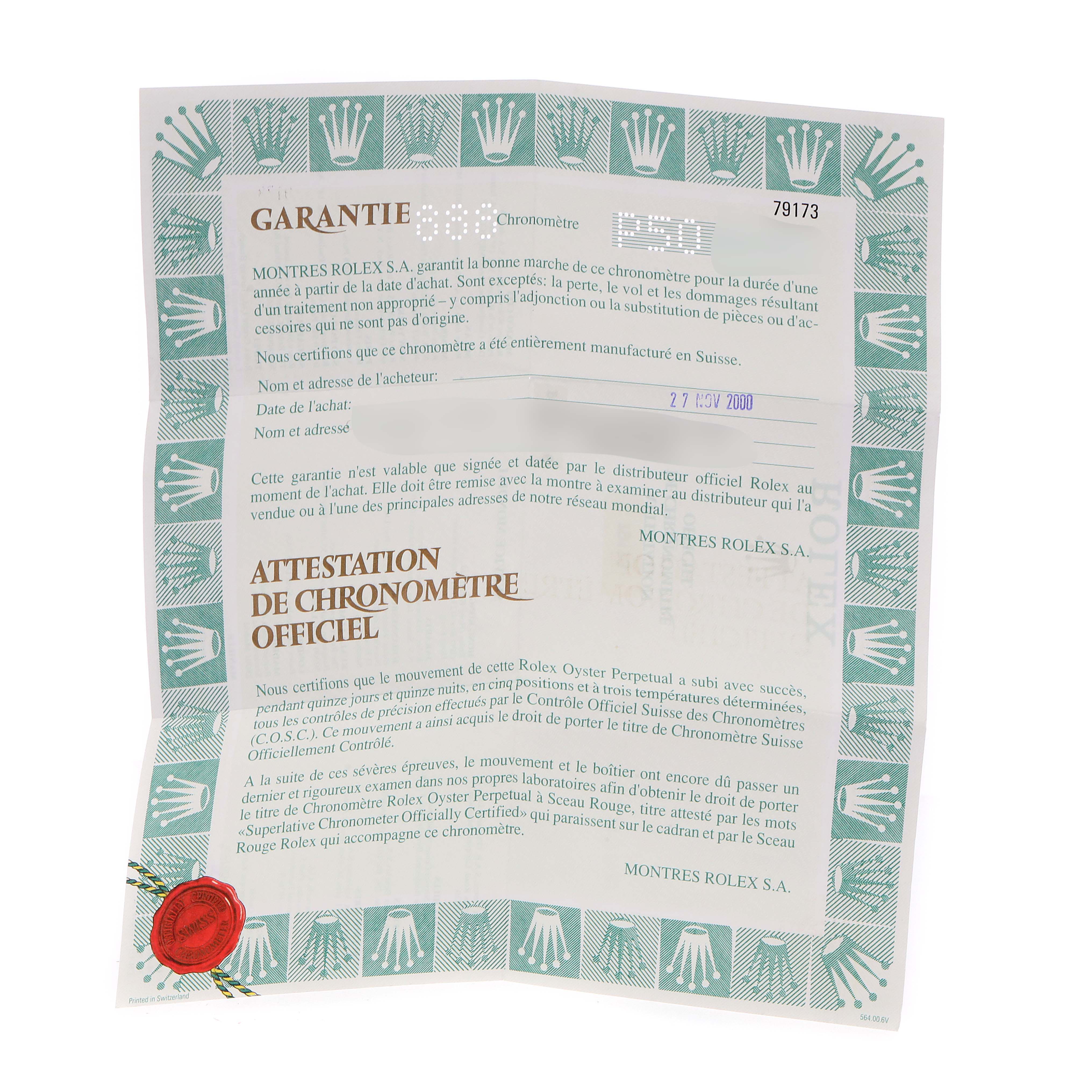 This image shows the warranty and chronometer certification paperwork for the Rolex Datejust 79173 Women
s Steel and Gold (two tone) Champagne Dial 79173 Women
s Steel and Gold (two tone) Champagne Dial model.