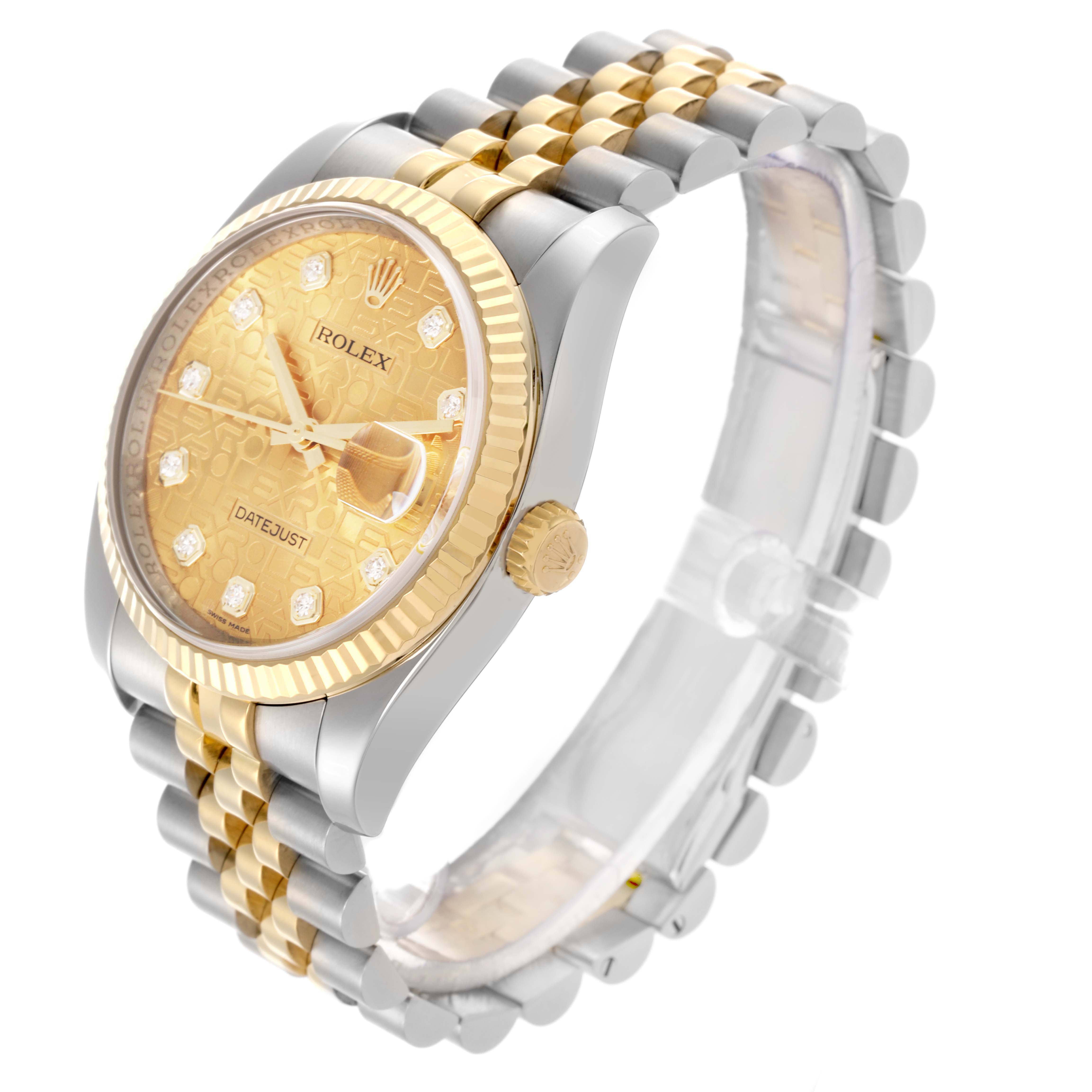 The Rolex Datejust 116233 Men's Steel and Gold (two tone) Champagne Dial 116233 Men's Steel and Gold (two tone) Champagne Dial watch is shown at an angled view, highlighting the face, bezel, crown, and part of the bracelet.