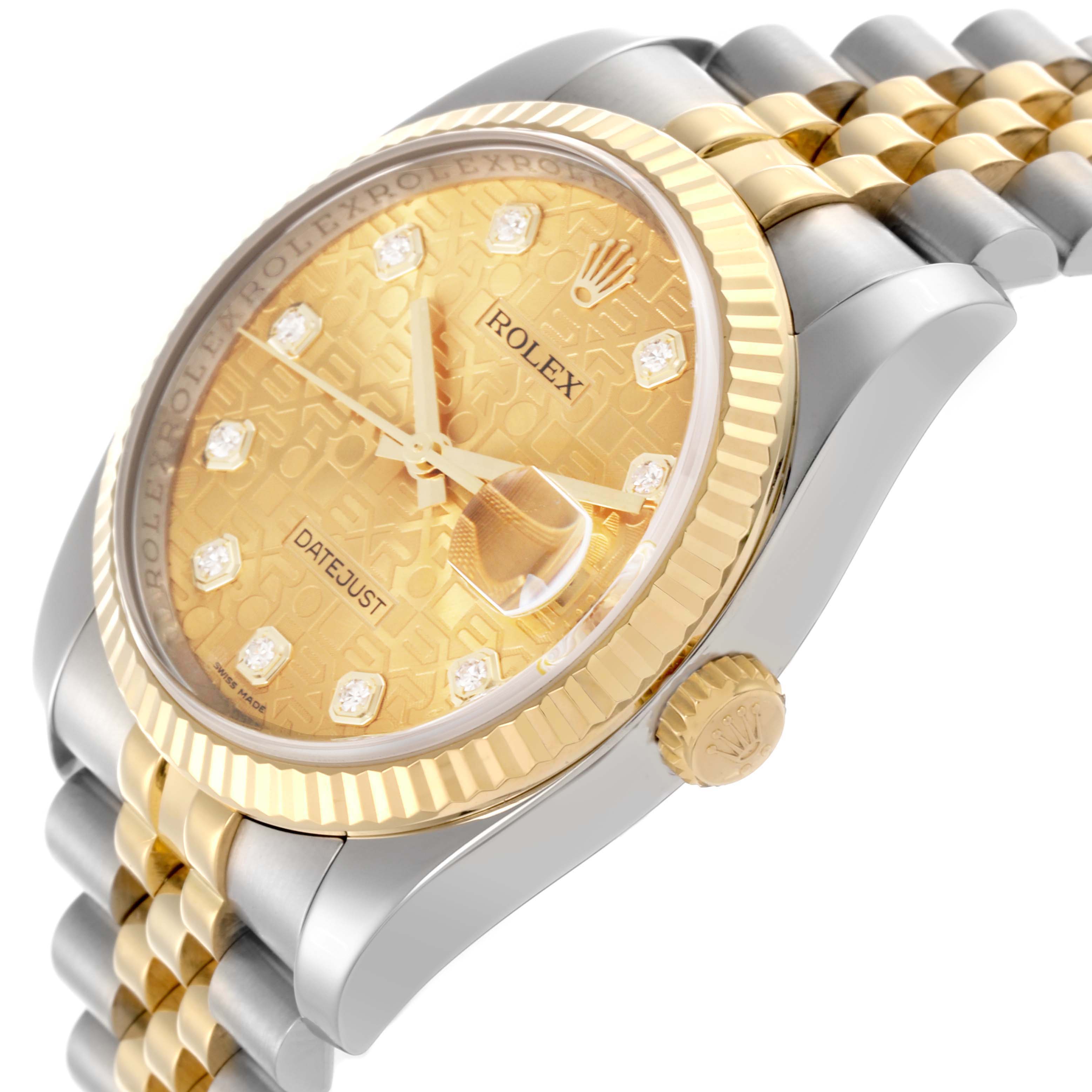 The image shows a side angle of the Rolex Datejust 116233 Men's Steel and Gold (two tone) Champagne Dial 116233 Men's Steel and Gold (two tone) Champagne Dial, highlighting its gold and silver Jubilee bracelet, bezel, and dial with diamond markers.