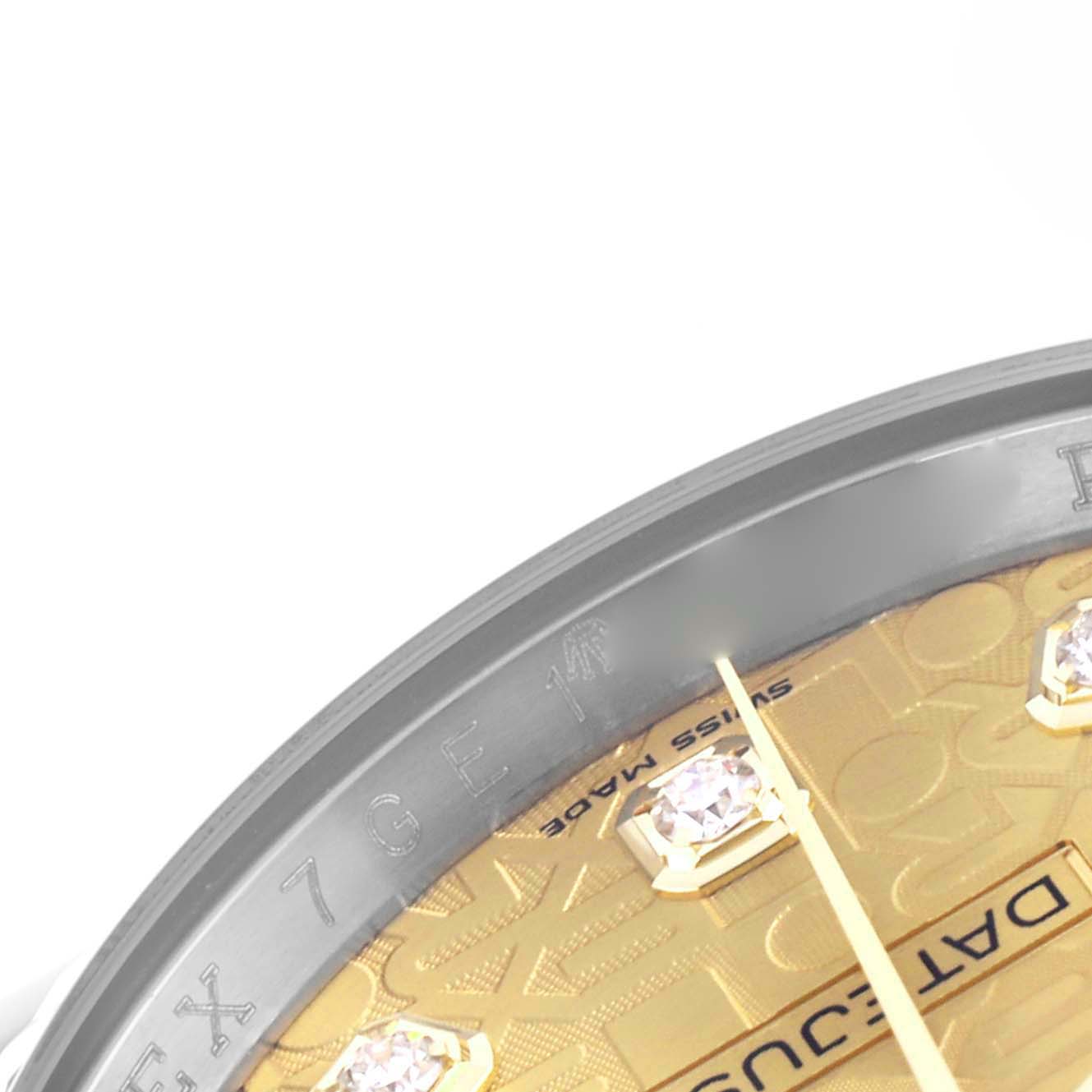 The image shows a close-up angle of a Rolex Datejust 116233 Men's Steel and Gold (two tone) Champagne Dial 116233 Men's Steel and Gold (two tone) Champagne Dial watch face, highlighting part of the dial, bezel, and gemstone indices.