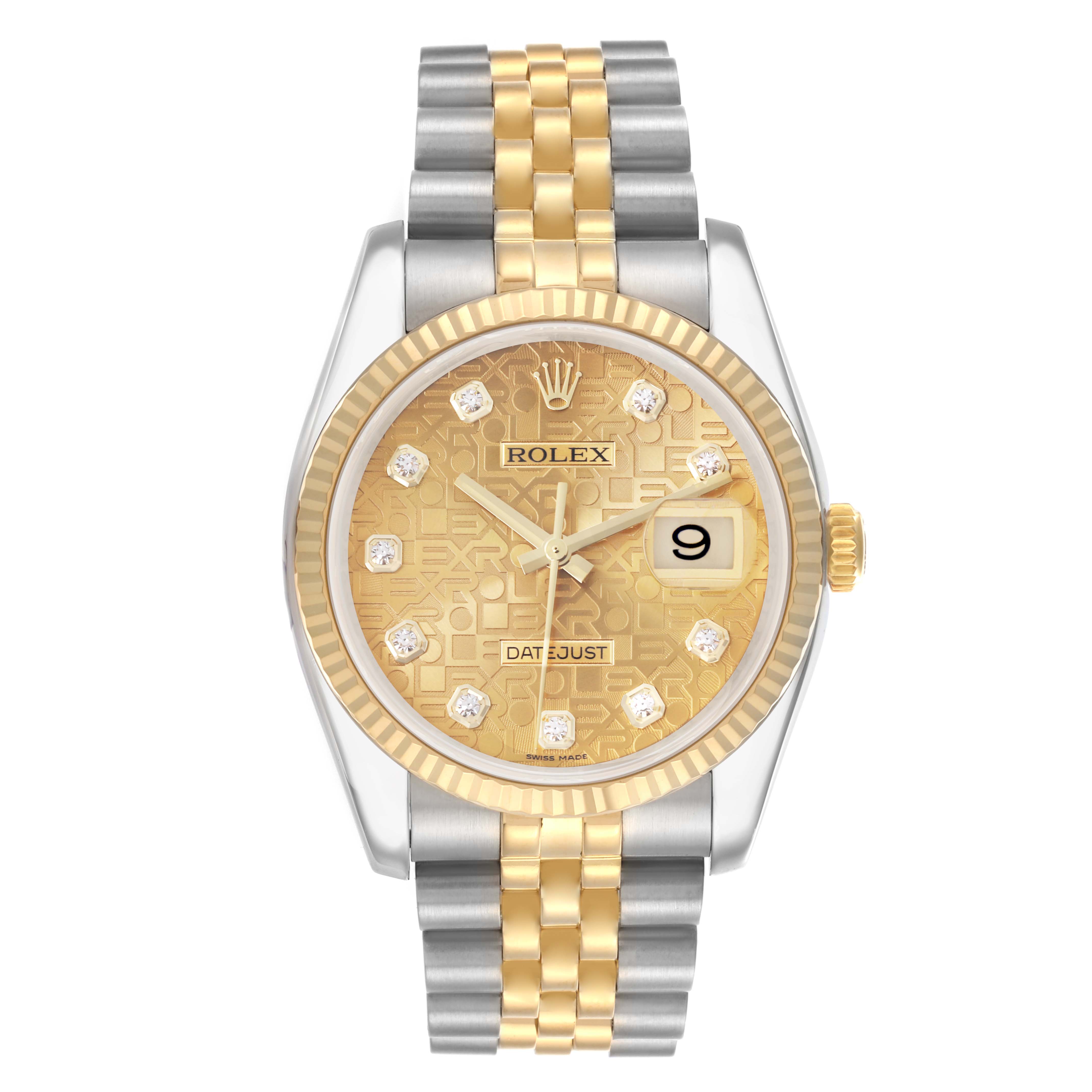 The Rolex Datejust 116233 Men's Steel and Gold (two tone) Champagne Dial 116233 Men's Steel and Gold (two tone) Champagne Dial watch is shown from a top view, highlighting its gold and silver bracelet, dial, and fluted bezel.