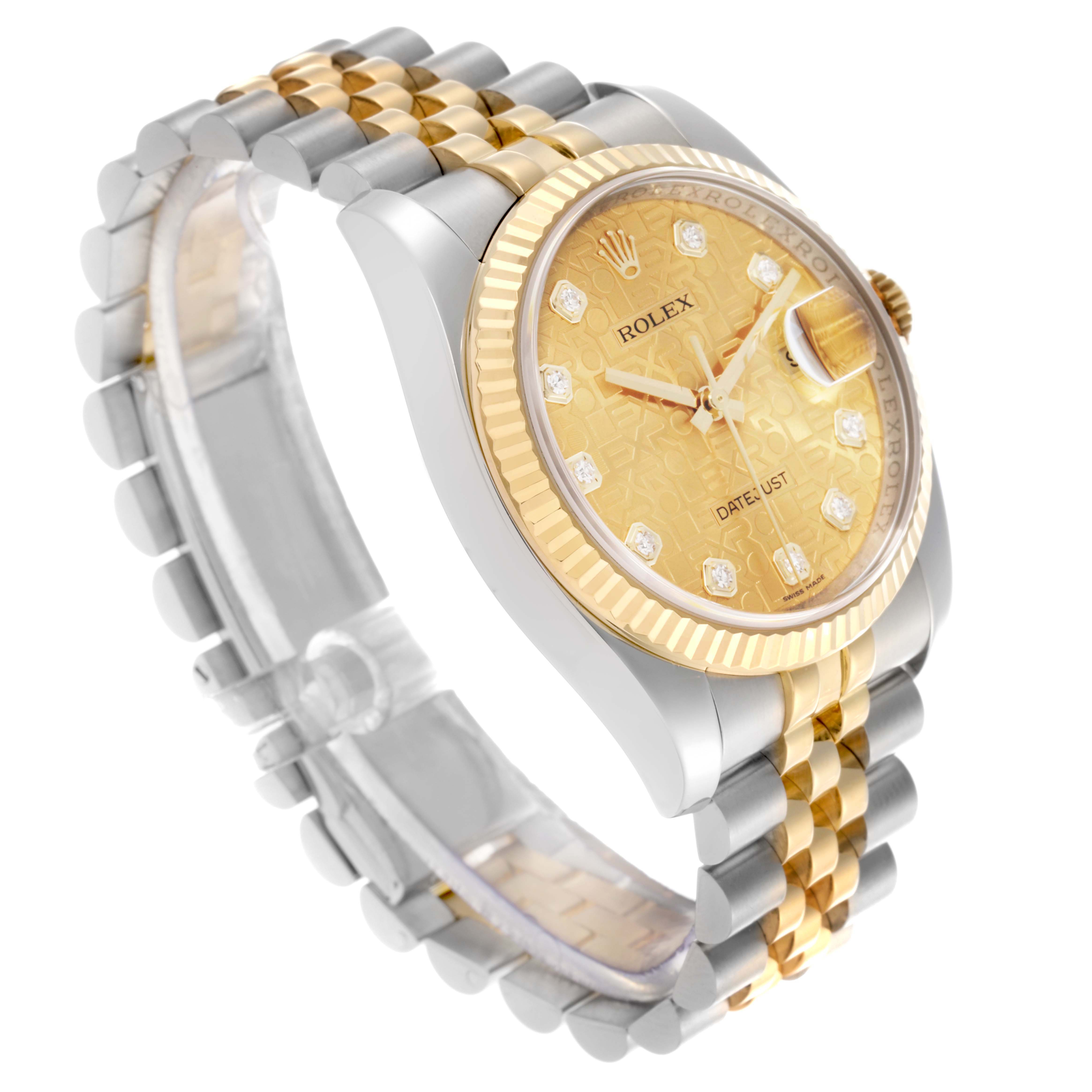 The Rolex Datejust 116233 Men's Steel and Gold (two tone) Champagne Dial 116233 Men's Steel and Gold (two tone) Champagne Dial watch is shown at a three-quarter angle, highlighting the gold and silver bracelet, fluted bezel, and diamond hour markers.