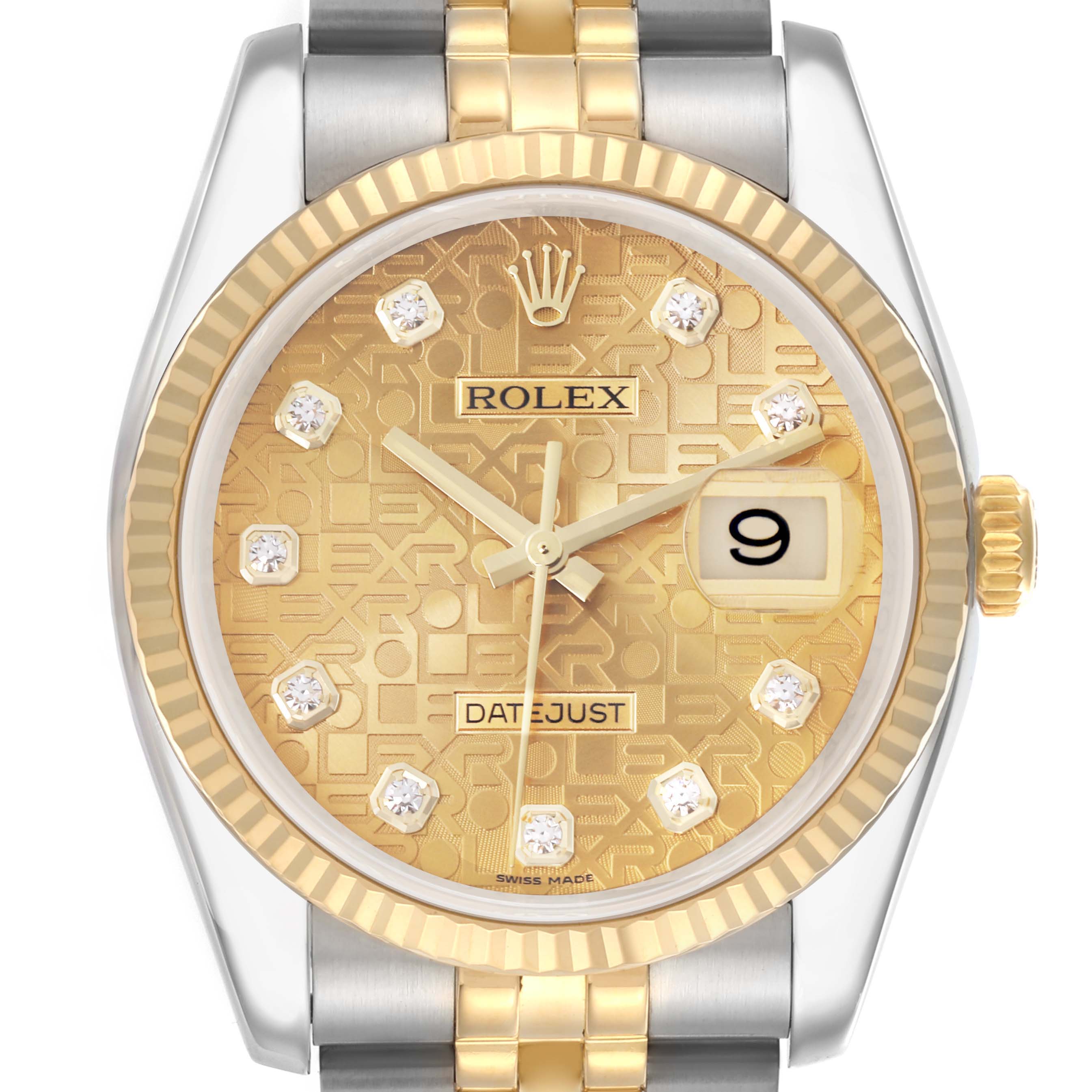 The Rolex Datejust 116233 Men's Steel and Gold (two tone) Champagne Dial 116233 Men's Steel and Gold (two tone) Champagne Dial watch is shown from the front, displaying its face, bezel, crown, and part of the bracelet.