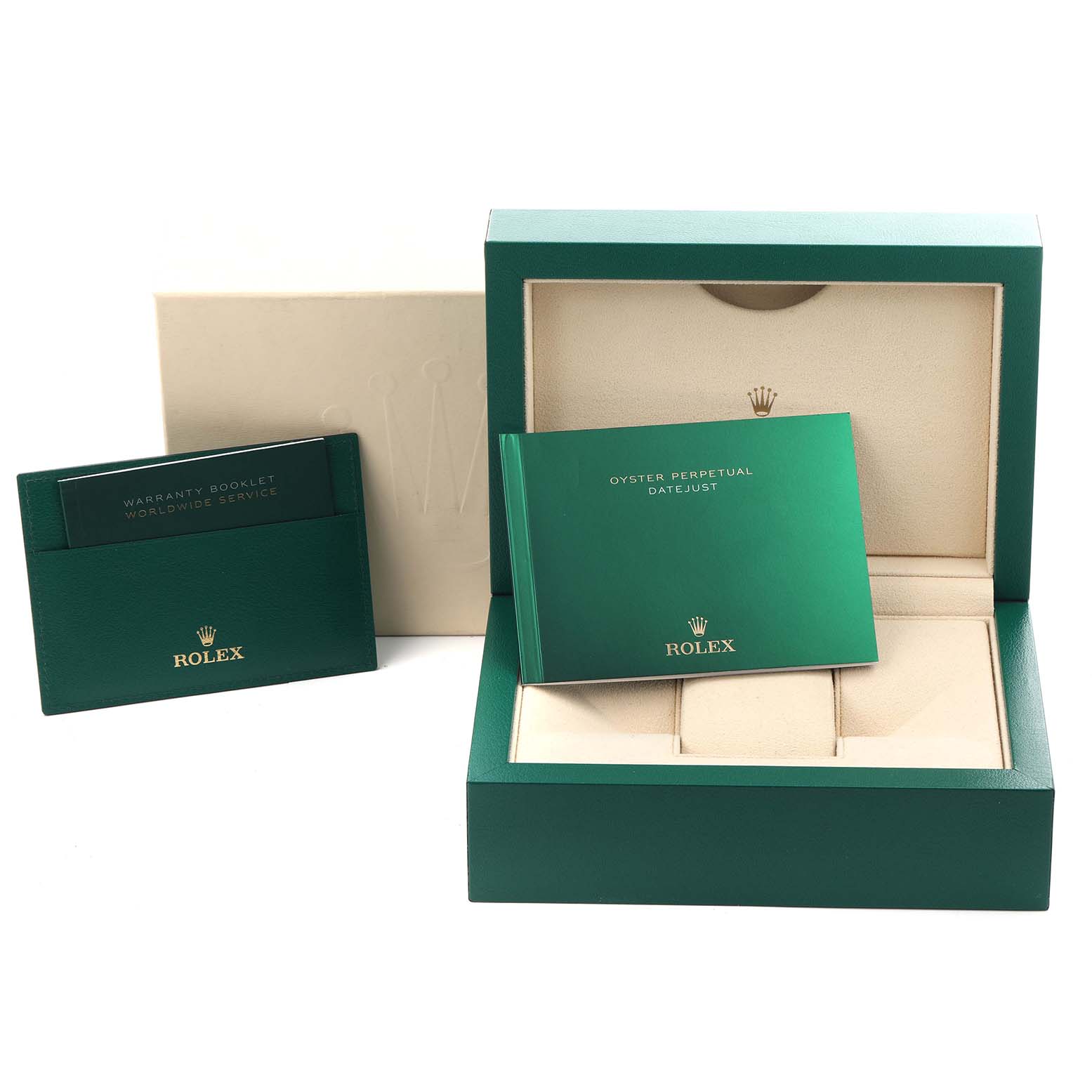 The image shows a Rolex Datejust 116233 Men's Steel and Gold (two tone) Champagne Dial 116233 Men's Steel and Gold (two tone) Champagne Dial box, warranty booklet, and manual from a top-front angle.