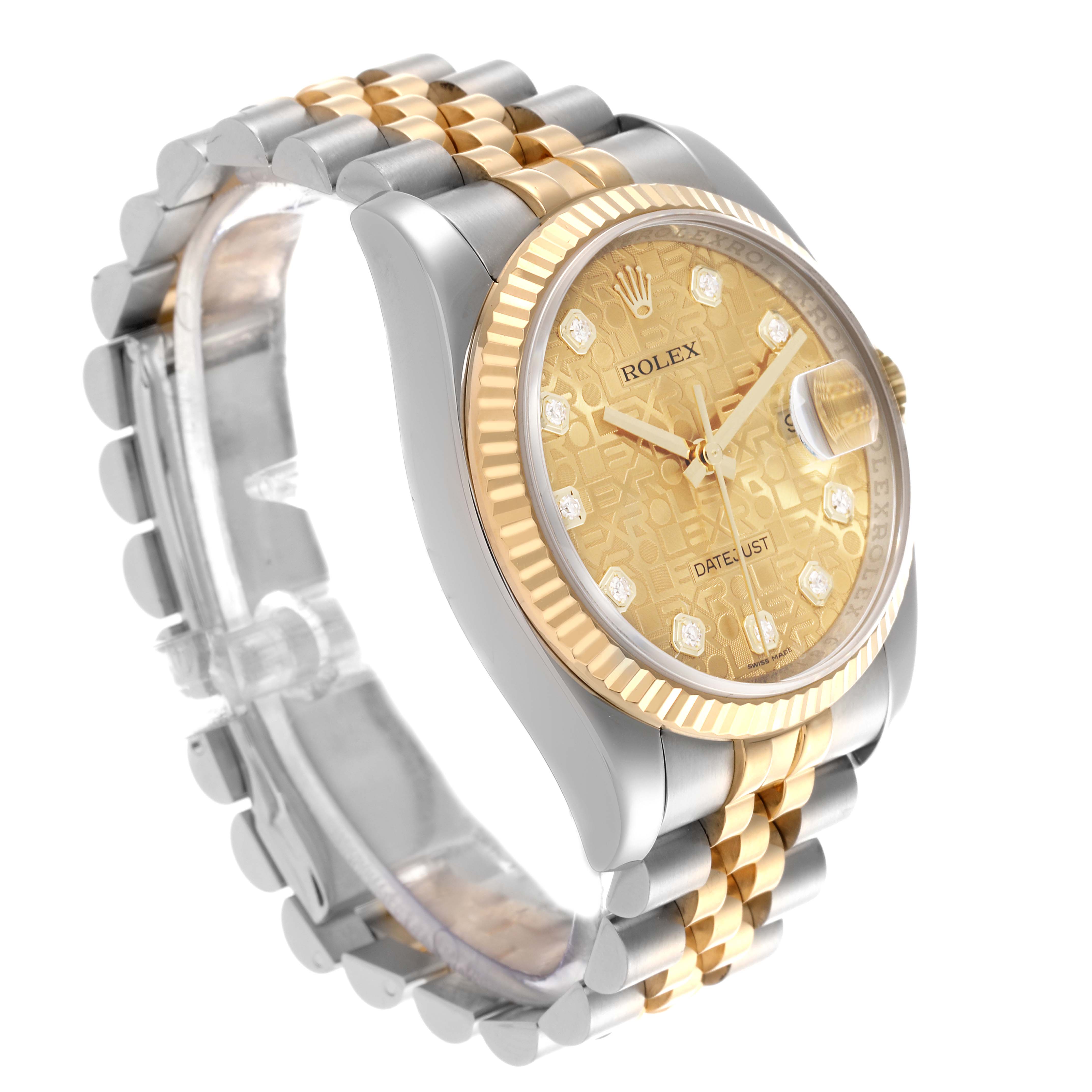 The Rolex Datejust 116233 Men's Steel and Gold (two tone) Champagne Dial 116233 Men's Steel and Gold (two tone) Champagne Dial watch is shown at a three-quarter angle, highlighting the dial, fluted bezel, and Jubilee bracelet.