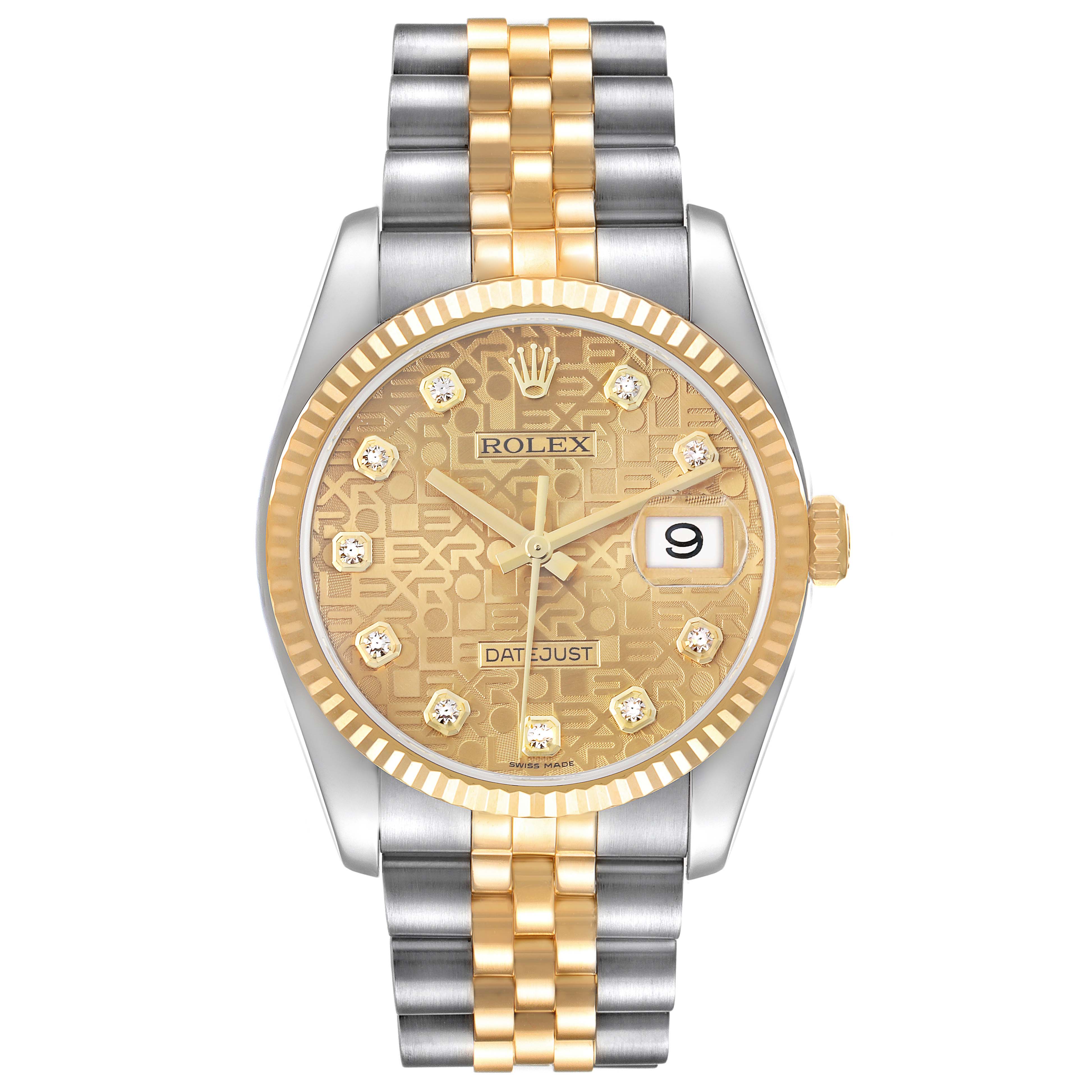 The image shows a front view of a Rolex Datejust 116233 Men's Steel and Gold (two tone) Champagne Dial 116233 Men's Steel and Gold (two tone) Champagne Dial watch, highlighting its gold and silver jubilee bracelet, gold dial, and date window.