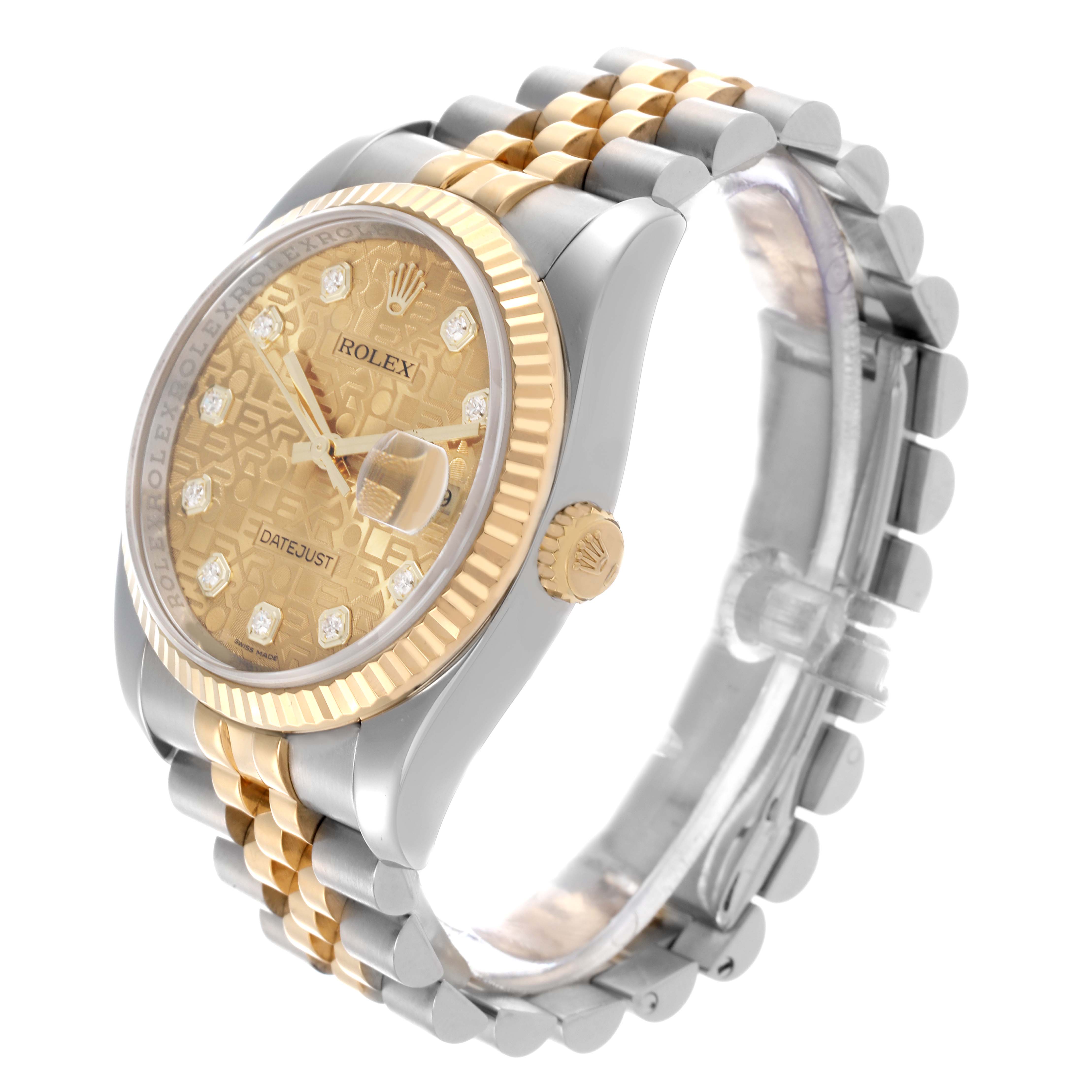 The Rolex Datejust 116233 Men's Steel and Gold (two tone) Champagne Dial 116233 Men's Steel and Gold (two tone) Champagne Dial watch is shown at an angled side view, highlighting the dial, fluted bezel, crown, and Jubilee bracelet.