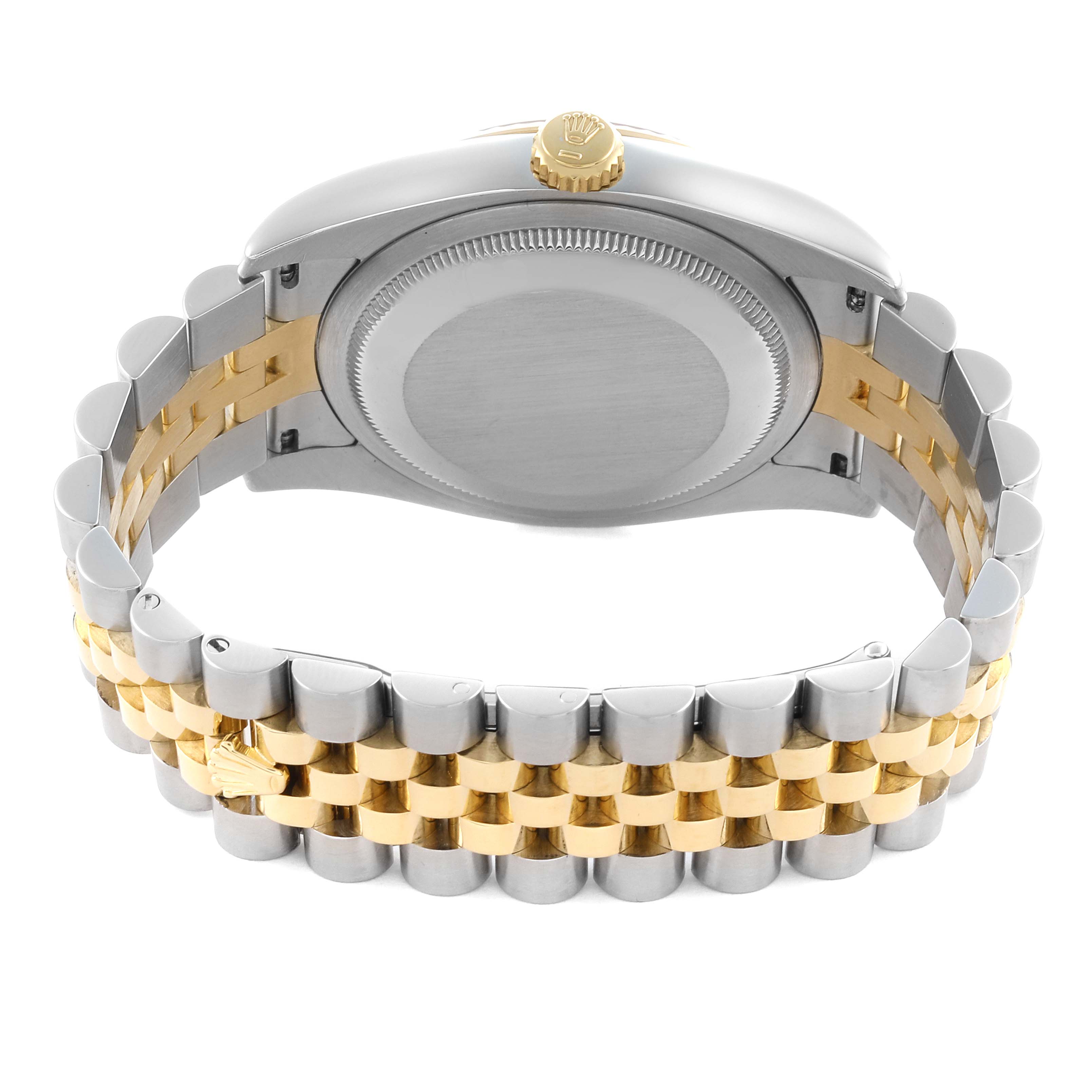 The image shows the back of a Rolex Datejust 116233 Men's Steel and Gold (two tone) Champagne Dial 116233 Men's Steel and Gold (two tone) Champagne Dial watch, featuring its case, crown, and two-tone metal bracelet.