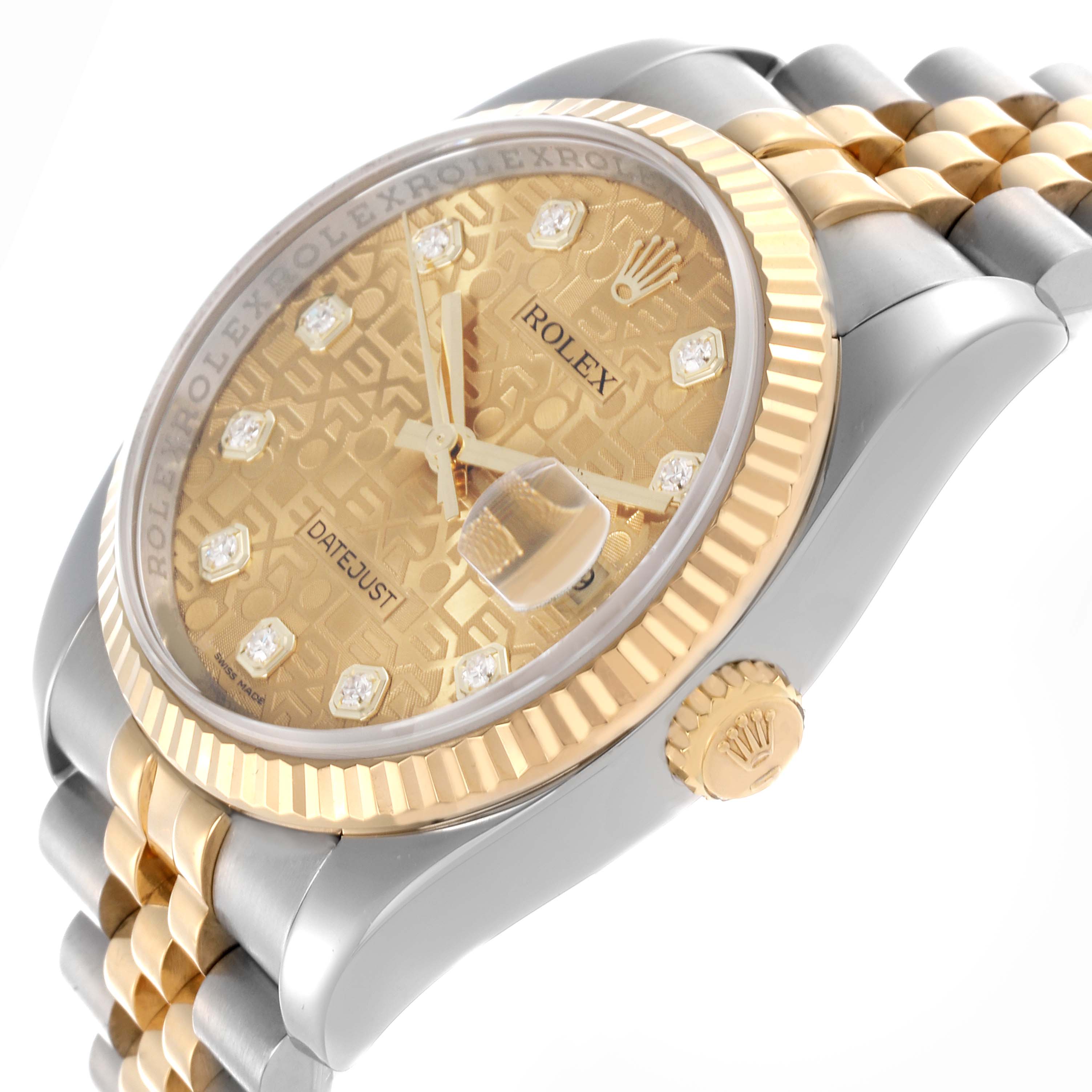 The Rolex Datejust 116233 Men's Steel and Gold (two tone) Champagne Dial 116233 Men's Steel and Gold (two tone) Champagne Dial watch is shown at a three-quarter angle, highlighting the gold dial, fluted bezel, and two-tone bracelet.