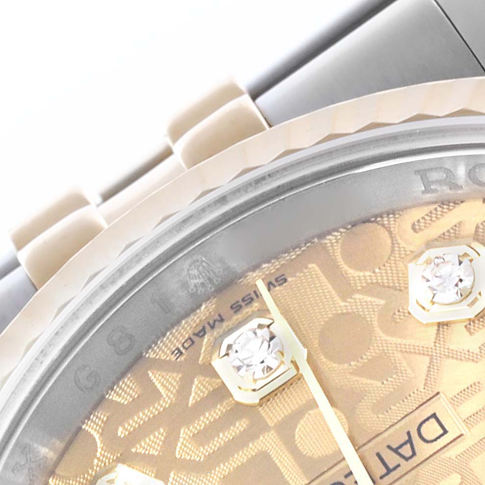 The image shows a close-up of the Rolex Datejust 116233 Men's Steel and Gold (two tone) Champagne Dial 116233 Men's Steel and Gold (two tone) Champagne Dial watch's dial, featuring diamond markers and partial bezel detail.