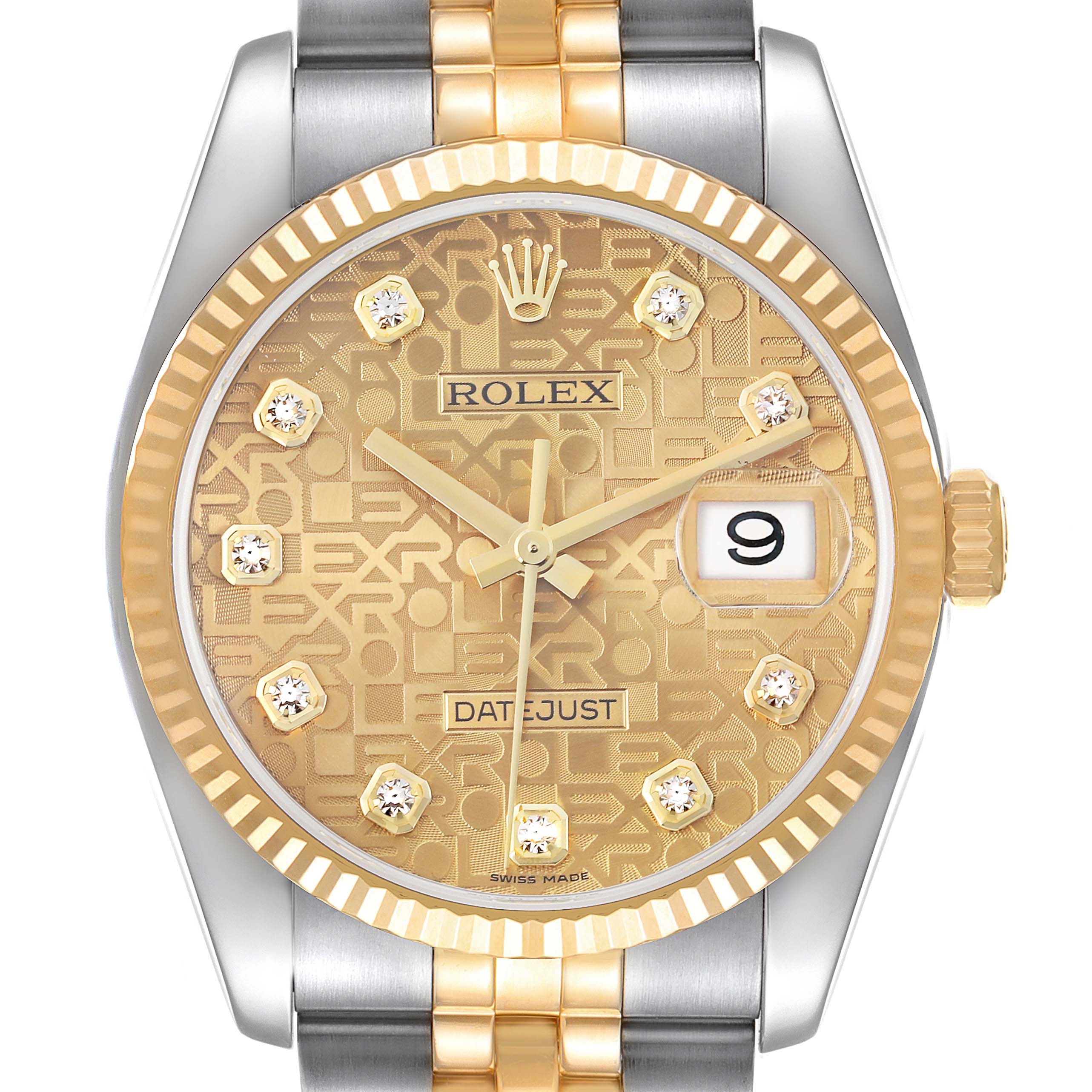 The image shows a Rolex Datejust 116233 Men's Steel and Gold (two tone) Champagne Dial 116233 Men's Steel and Gold (two tone) Champagne Dial watch face at a straight-on angle, highlighting the gold dial, diamond hour markers, and two-tone bracelet.