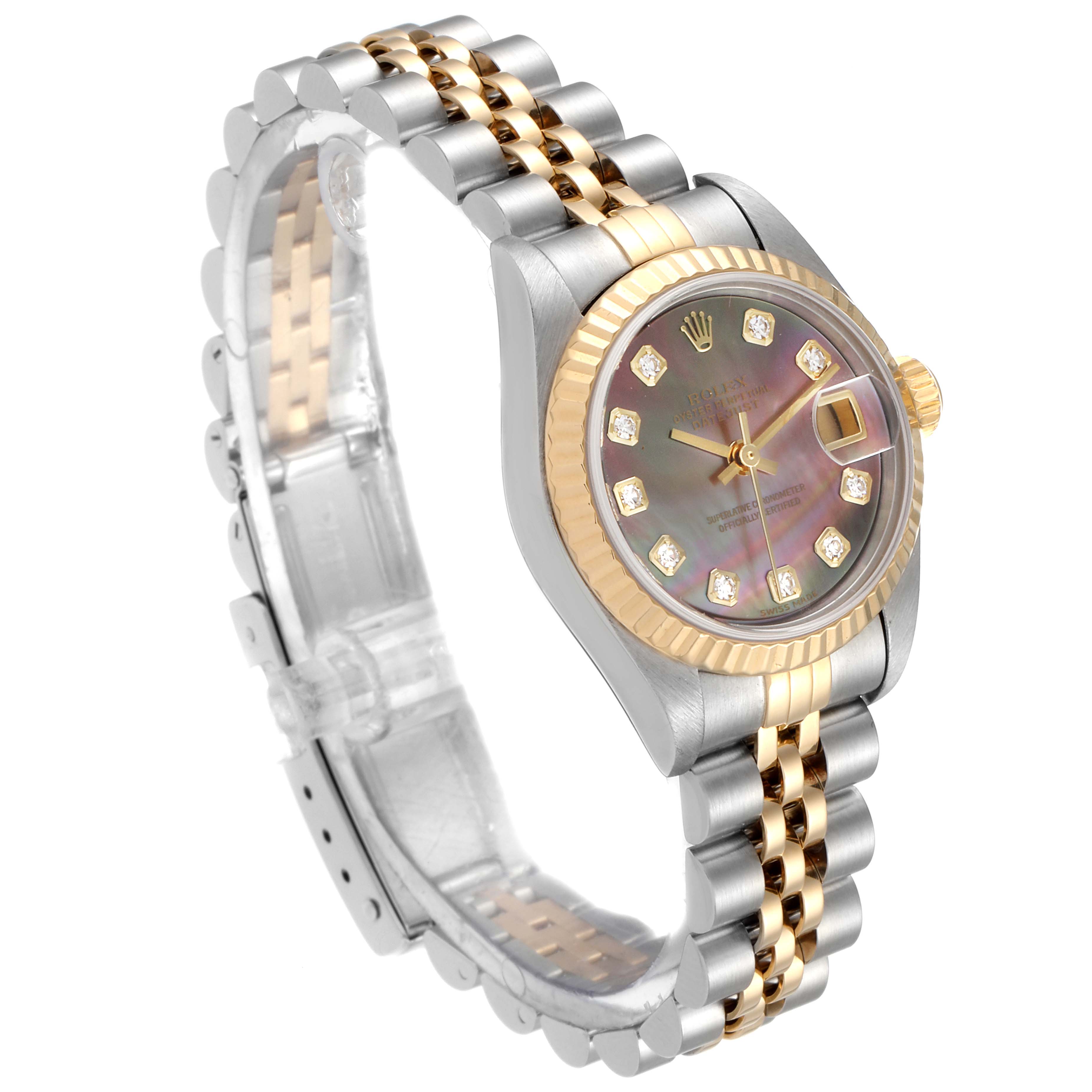 This image shows a Rolex Datejust 79173 Women's Steel and Gold (two tone) Mother of Pearl Dial 79173 Women's Steel and Gold (two tone) Mother of Pearl Dial watch at a 3/4 angle, highlighting the face, bezel, and Jubilee bracelet.