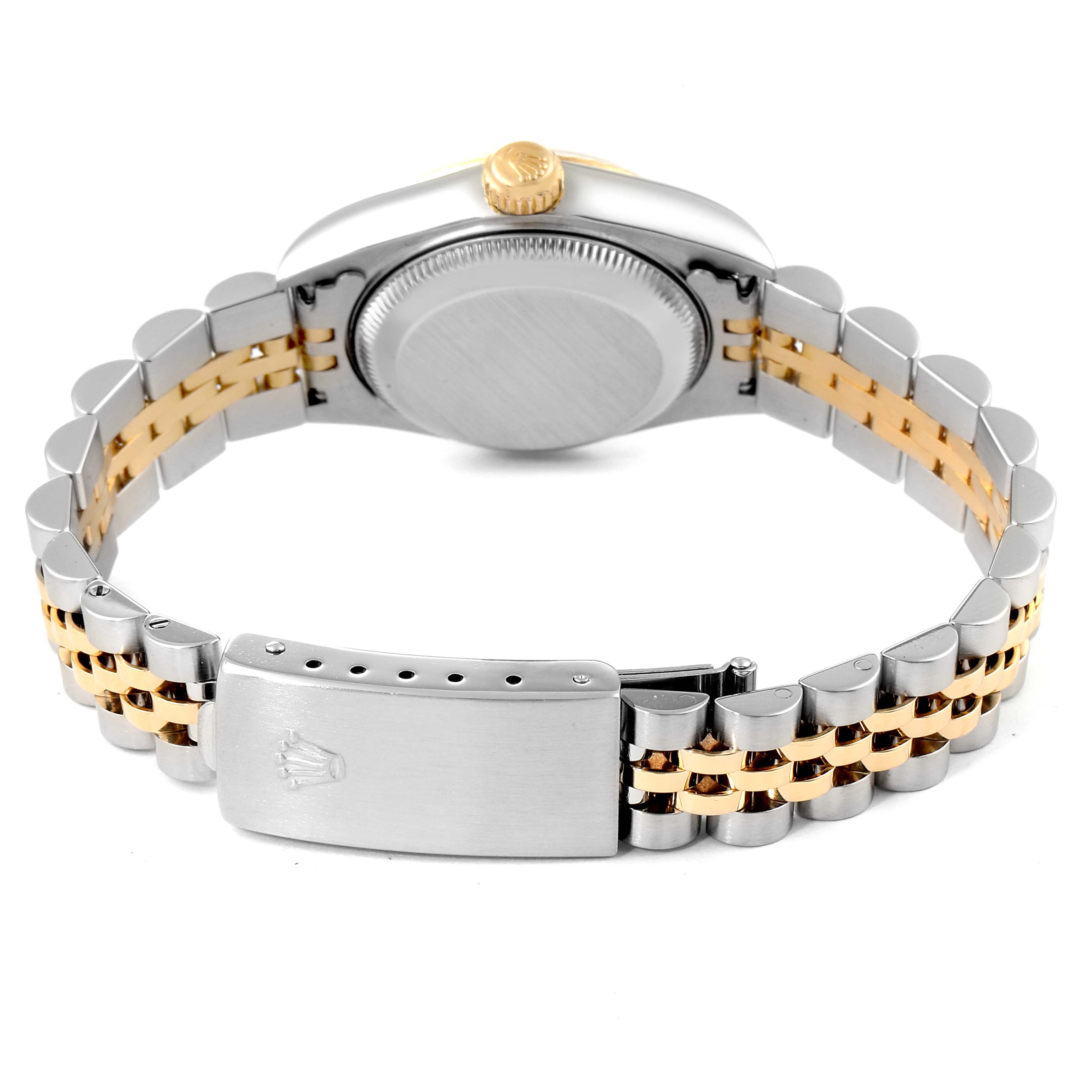 This image shows the back view of the Rolex Datejust 79173 Women's Steel and Gold (two tone) Mother of Pearl Dial 79173 Women's Steel and Gold (two tone) Mother of Pearl Dial watch, highlighting its clasp, bracelet, and caseback.