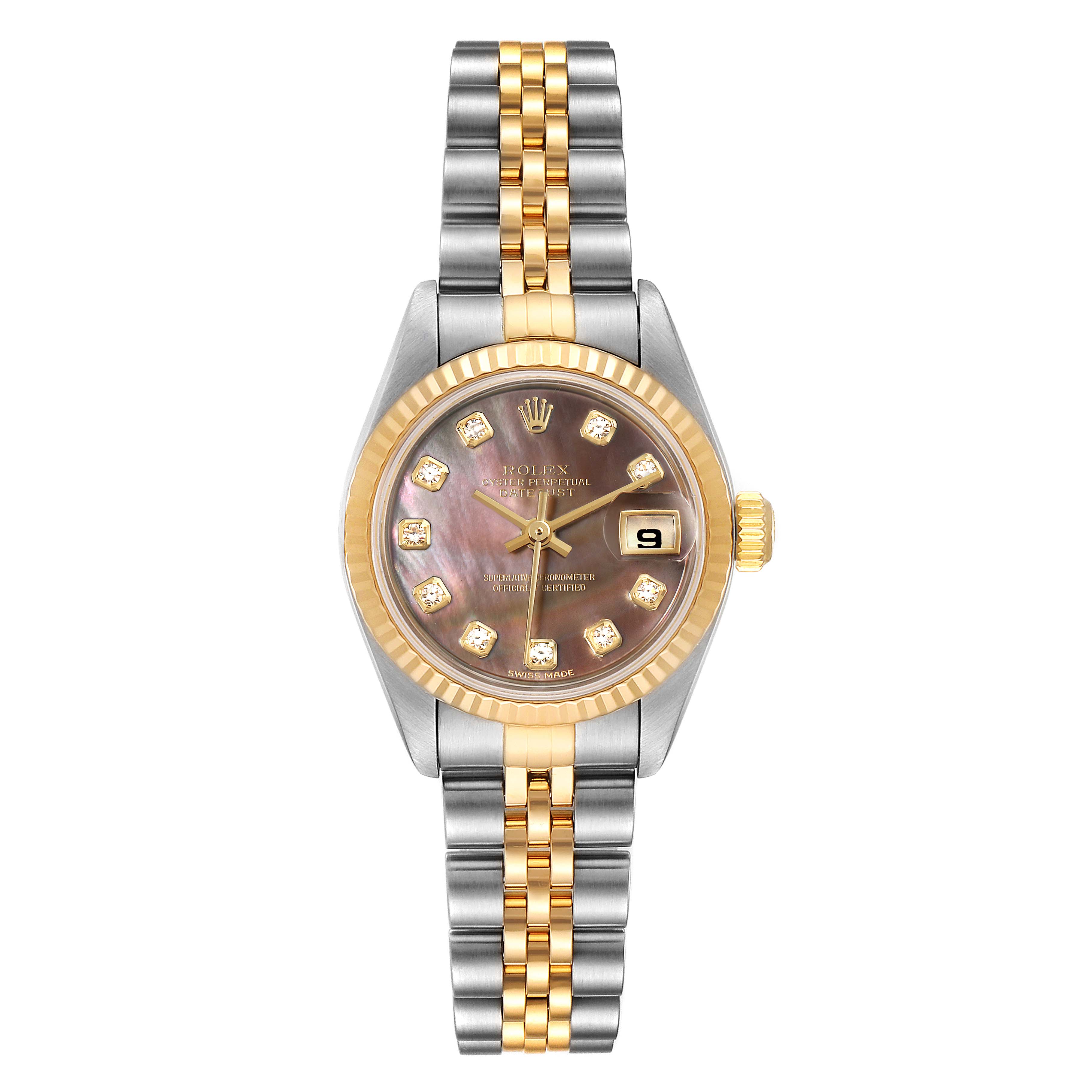 This image shows a frontal view of the Rolex Datejust 79173 Women's Steel and Gold (two tone) Mother of Pearl Dial 79173 Women's Steel and Gold (two tone) Mother of Pearl Dial watch, featuring a two-tone bracelet, fluted bezel, and date display.