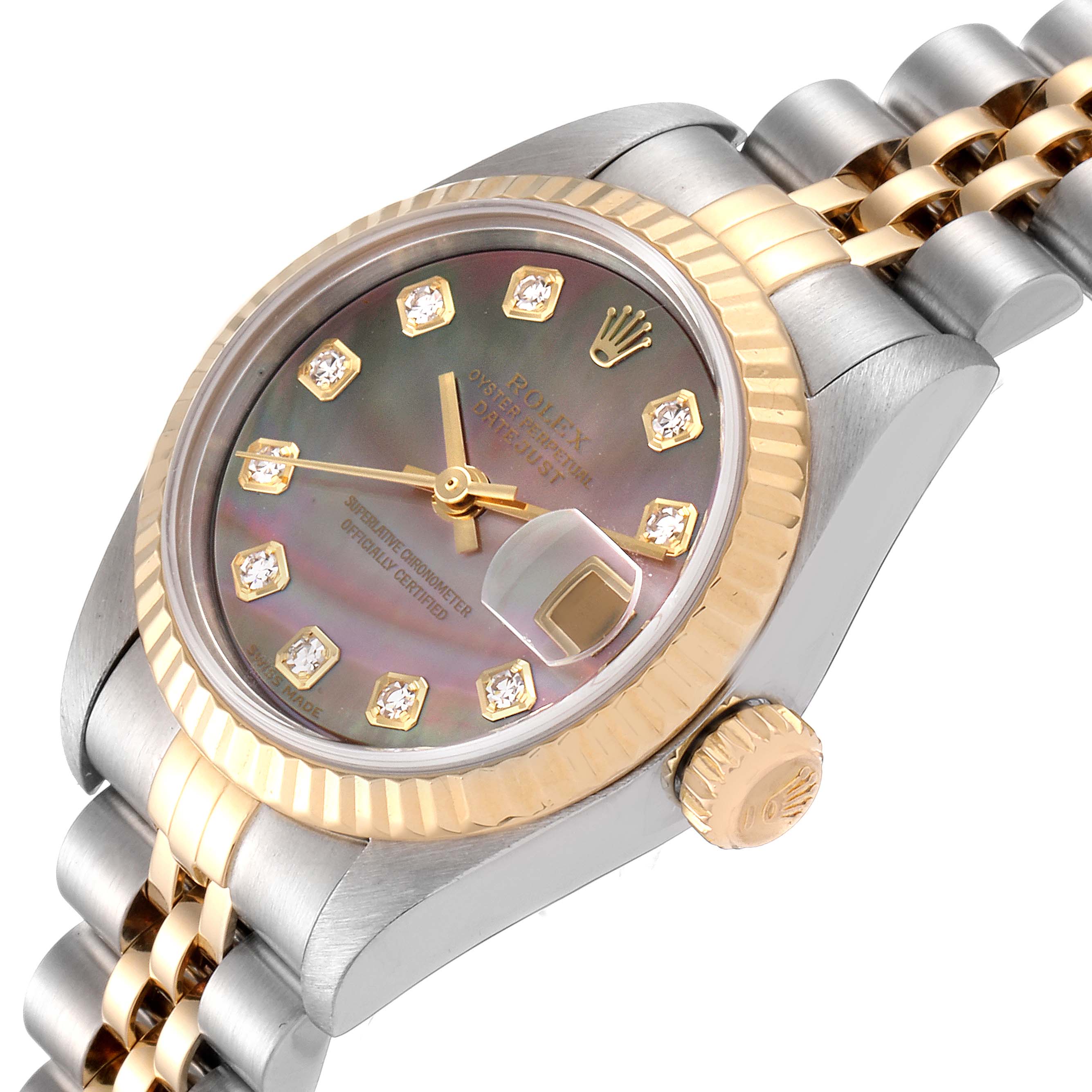 The image shows a close-up angled view of a Rolex Datejust 79173 Women's Steel and Gold (two tone) Mother of Pearl Dial 79173 Women's Steel and Gold (two tone) Mother of Pearl Dial watch, highlighting the dial, bezel, crown, and part of the Jubilee bracelet.