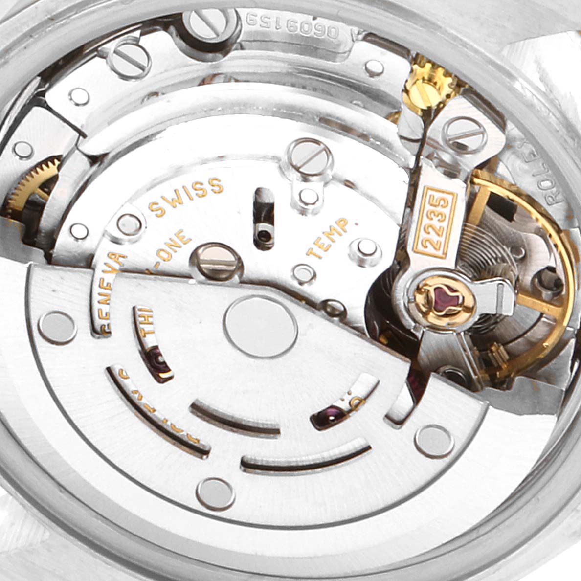 The image shows a close-up of the movement mechanism and internal components of the Rolex Datejust 79173 Women's Steel and Gold (two tone) Mother of Pearl Dial 79173 Women's Steel and Gold (two tone) Mother of Pearl Dial watch.