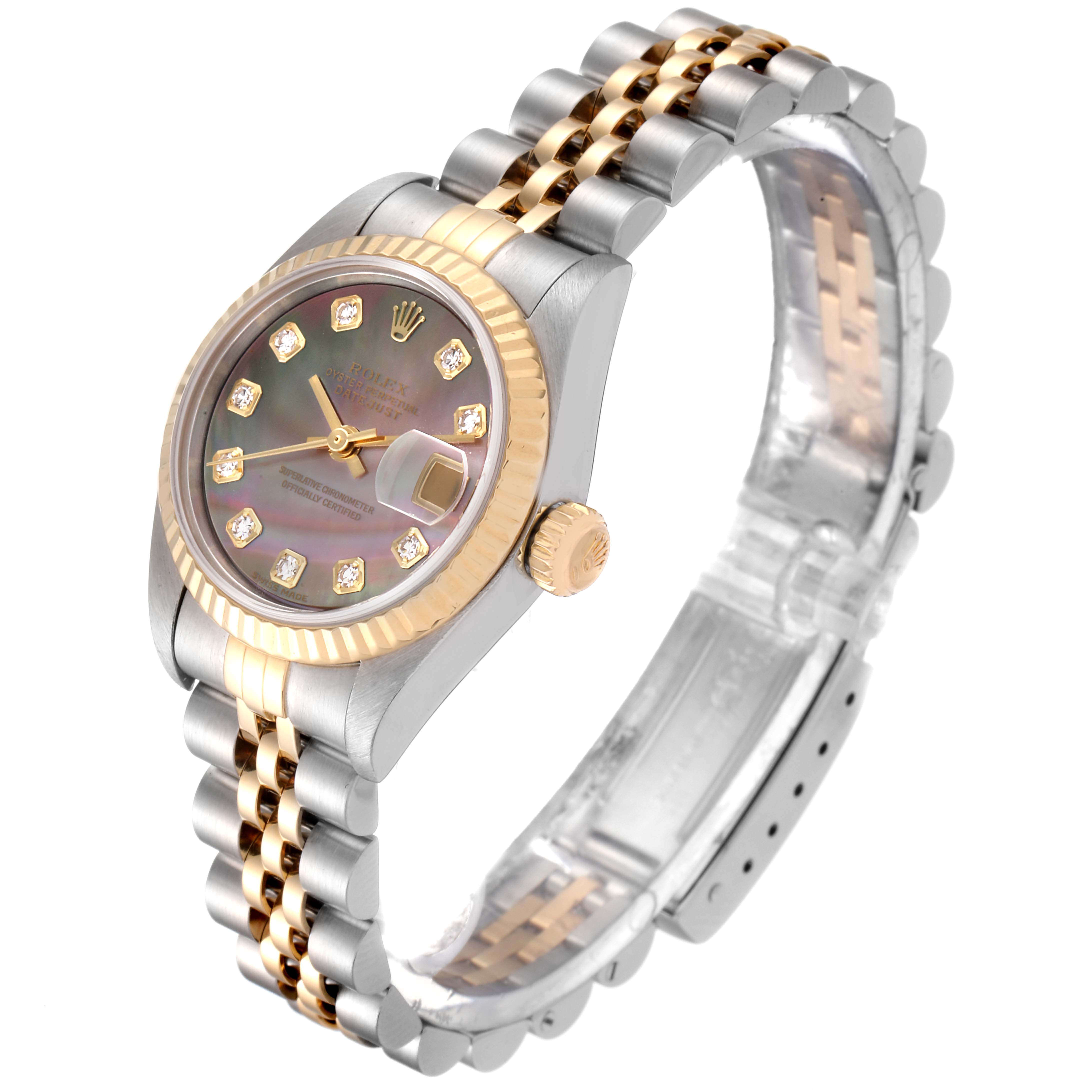 This image shows a Rolex Datejust 79173 Women's Steel and Gold (two tone) Mother of Pearl Dial 79173 Women's Steel and Gold (two tone) Mother of Pearl Dial watch from an angled side view, highlighting the dial, bezel, crown, and bracelet.