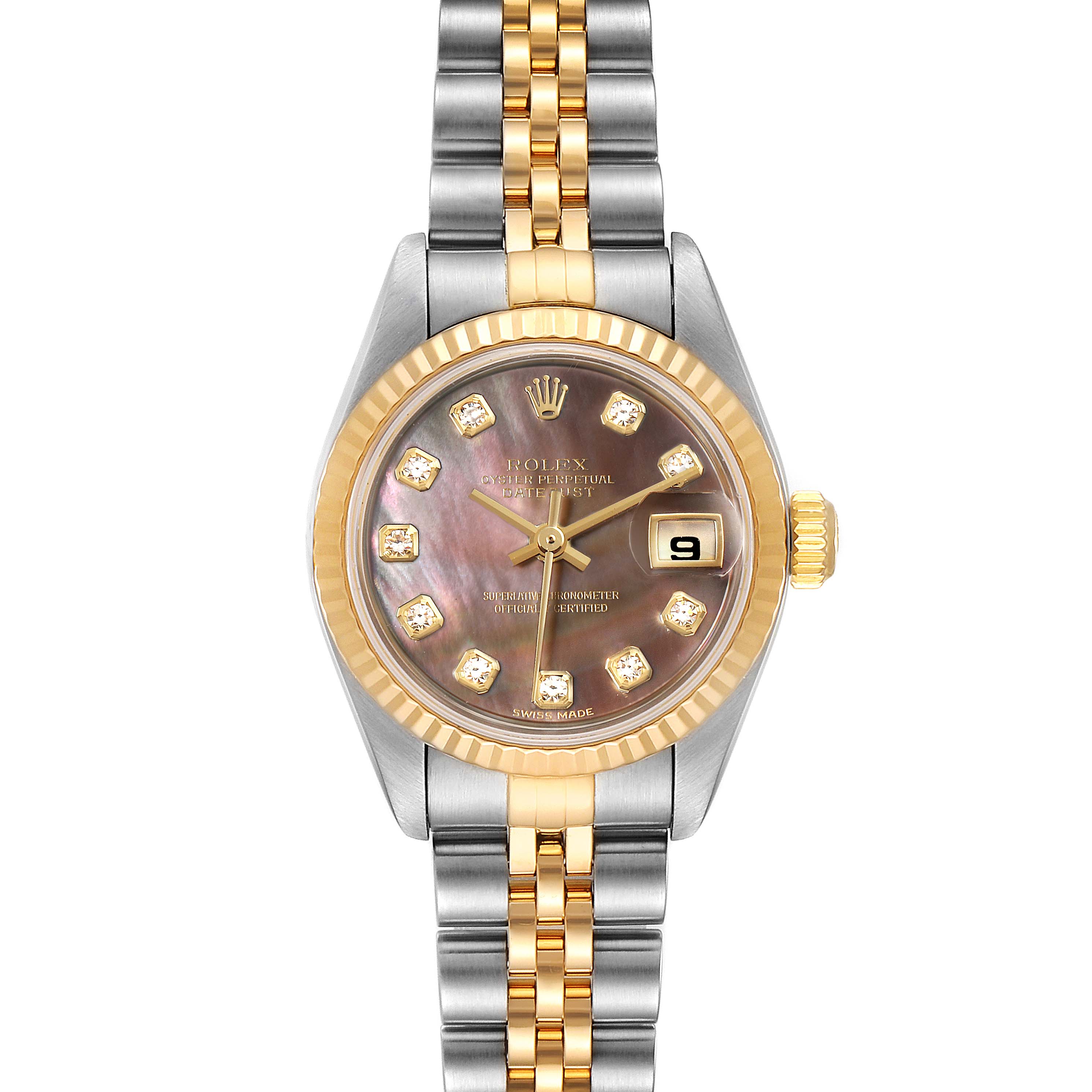 This image shows a front view of the Rolex Datejust 79173 Women's Steel and Gold (two tone) Mother of Pearl Dial 79173 Women's Steel and Gold (two tone) Mother of Pearl Dial watch, featuring a two-tone metal bracelet and a date display.