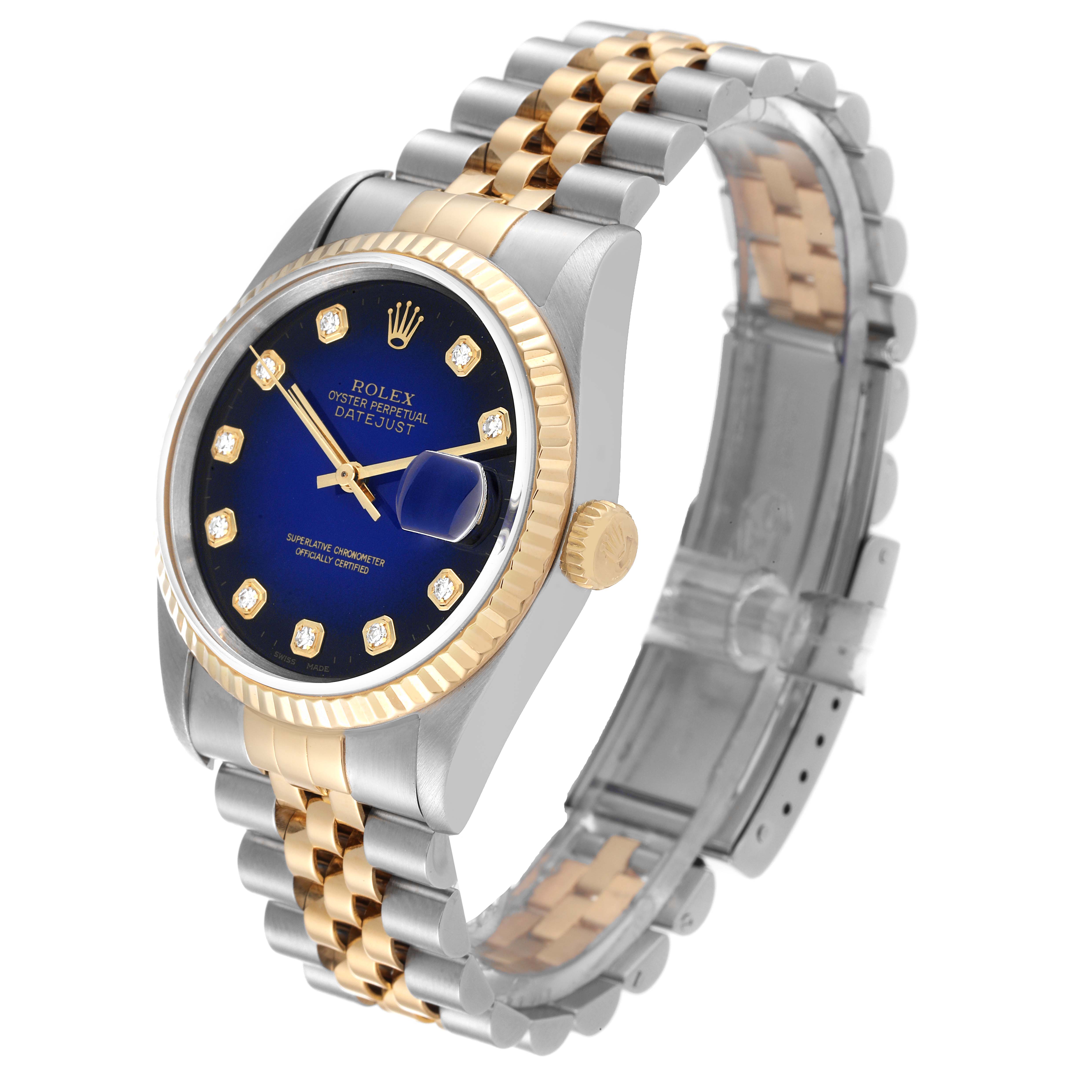 The Rolex Datejust 16233 Men's Steel and Gold (two tone) Blue Dial 16233 Men's Steel and Gold (two tone) Blue Dial watch is shown at a three-quarter angle, highlighting the face, bezel, and two-tone bracelet.